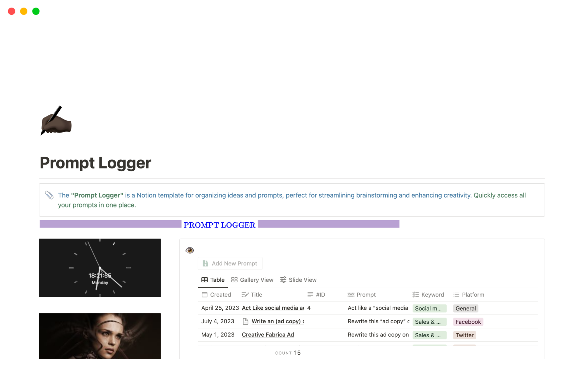 A template preview for Prompt Logger