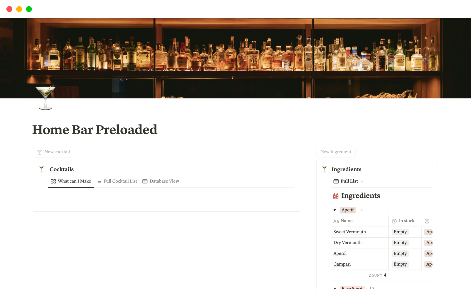 A template preview for Home Bar Preloaded