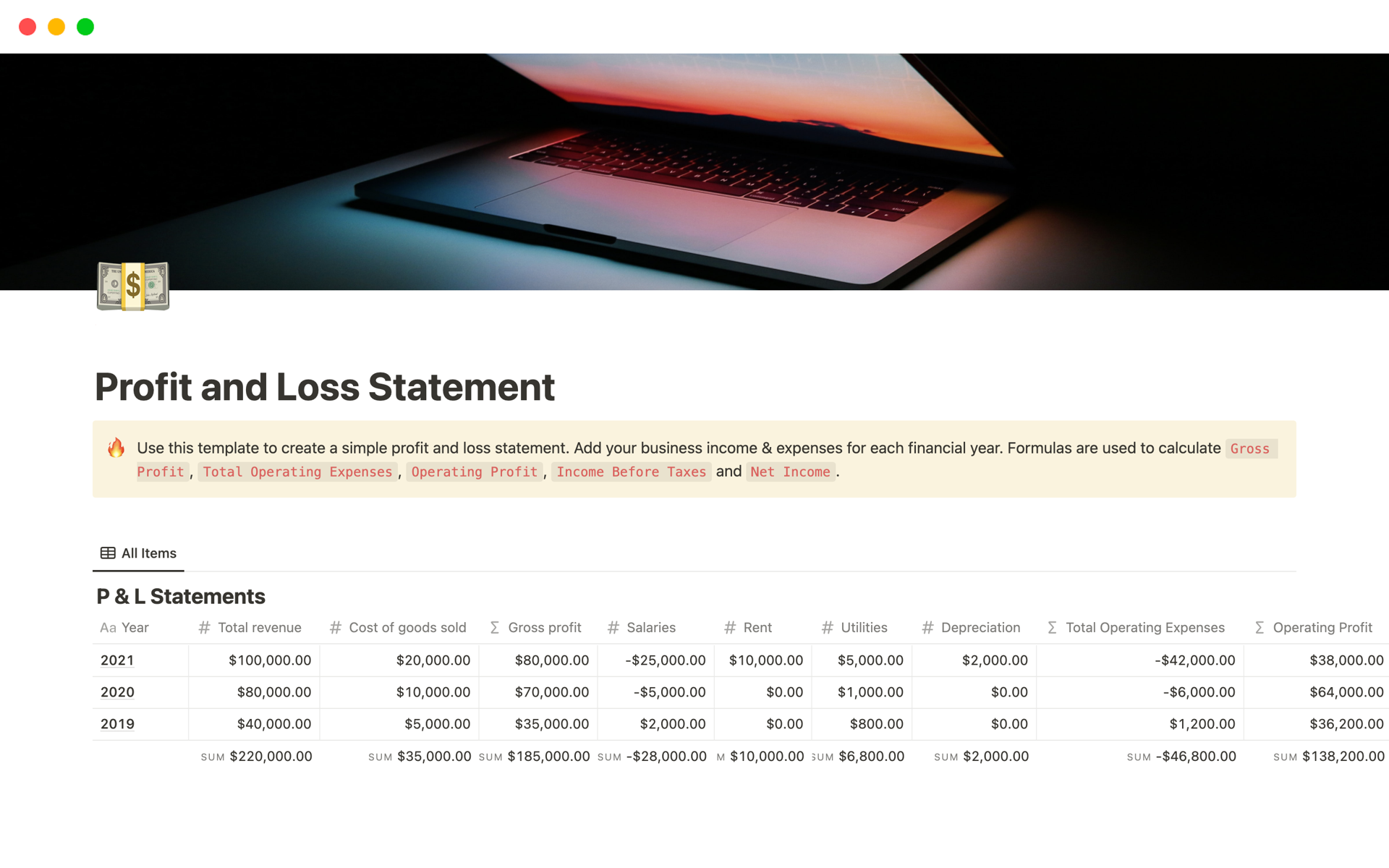 Use this template to create a simple profit and loss statement in Notion.