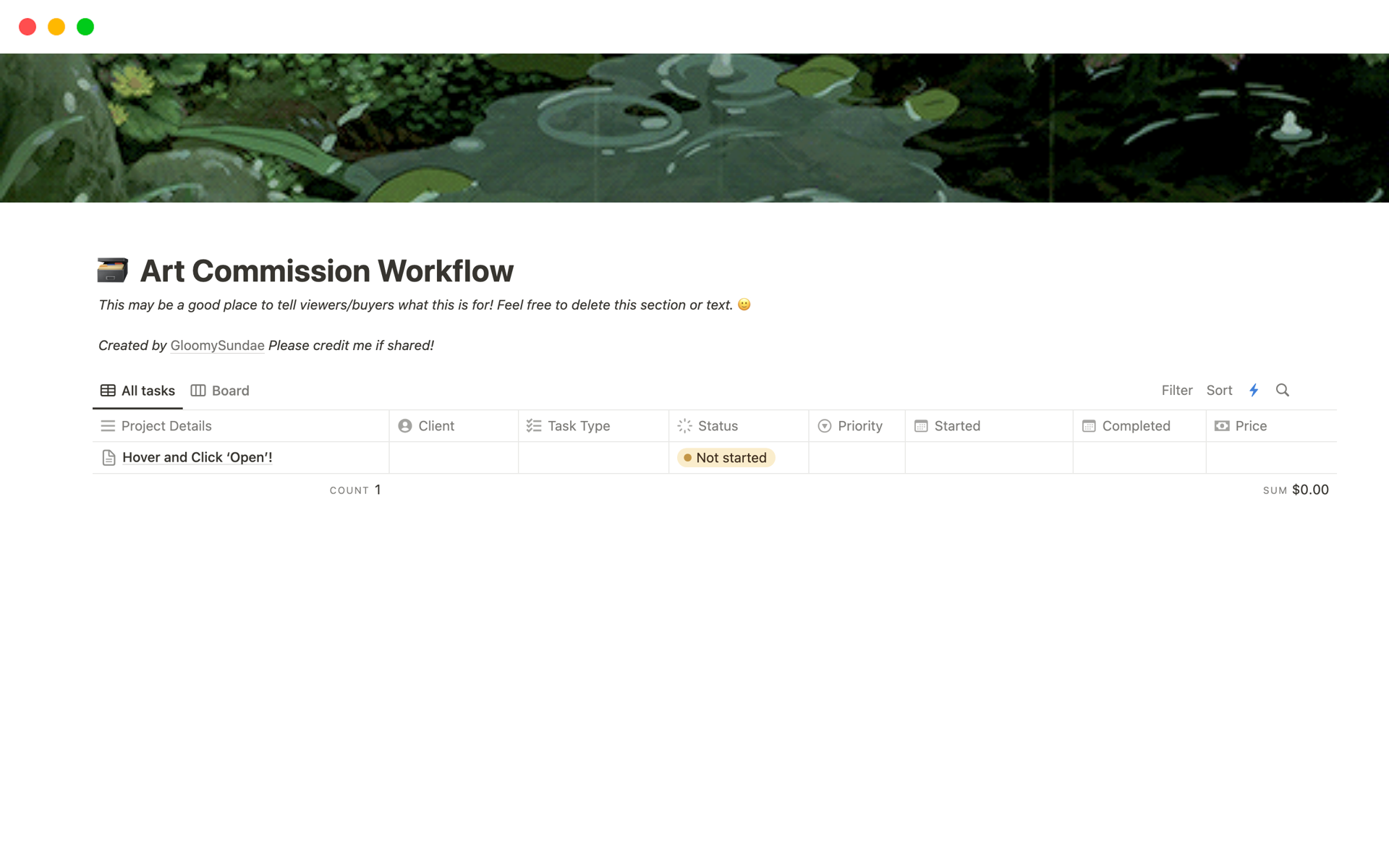 En förhandsgranskning av mallen för Art Commission Workflow