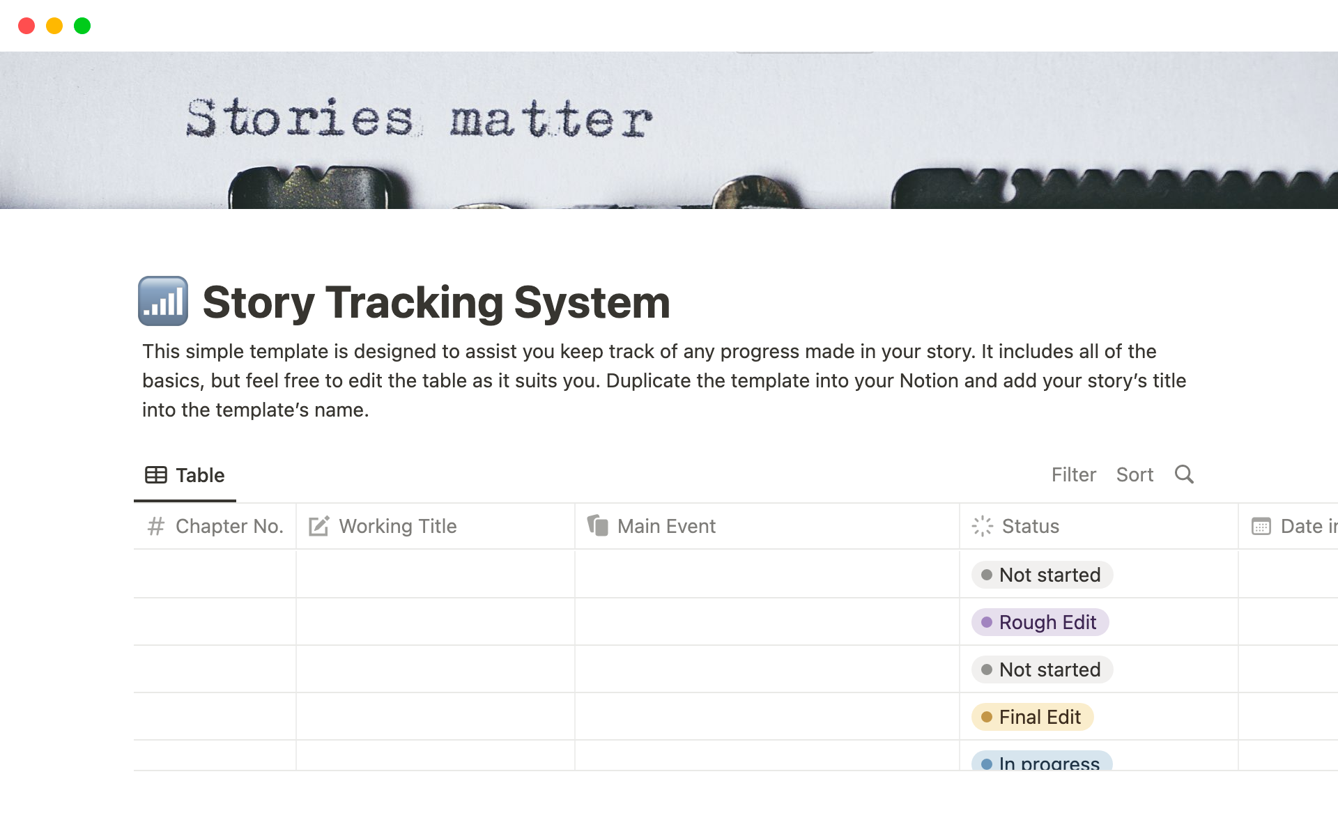 A template preview for Story Tracking System