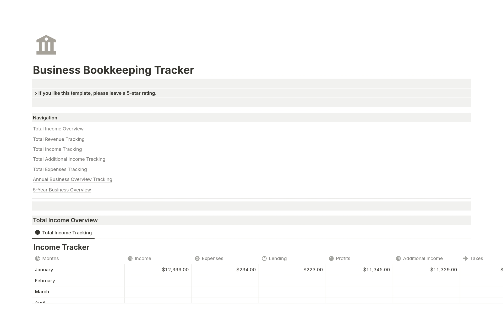 Aperçu du modèle de Business Bookkeeping Tracker