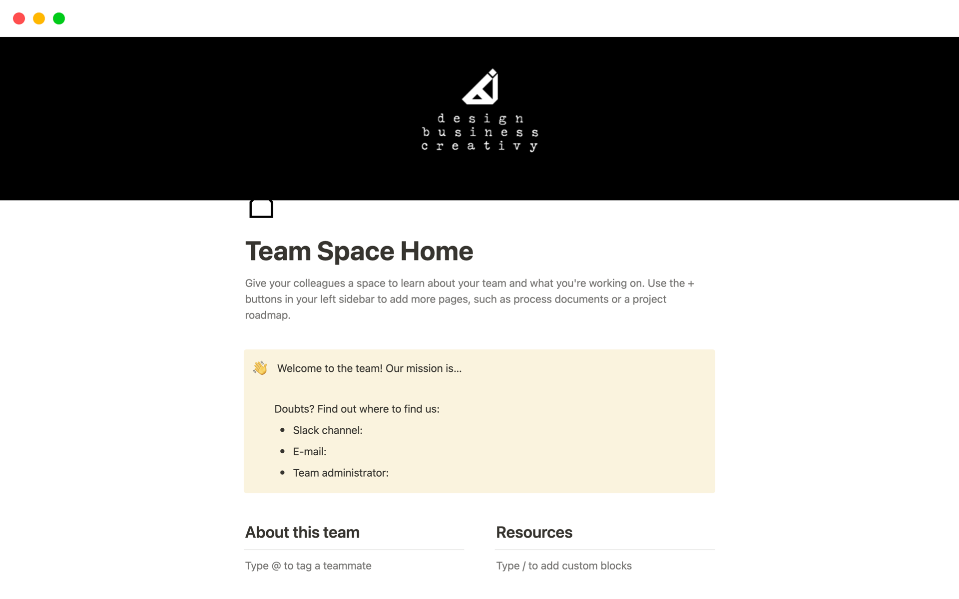 A template preview for Team Space Home
