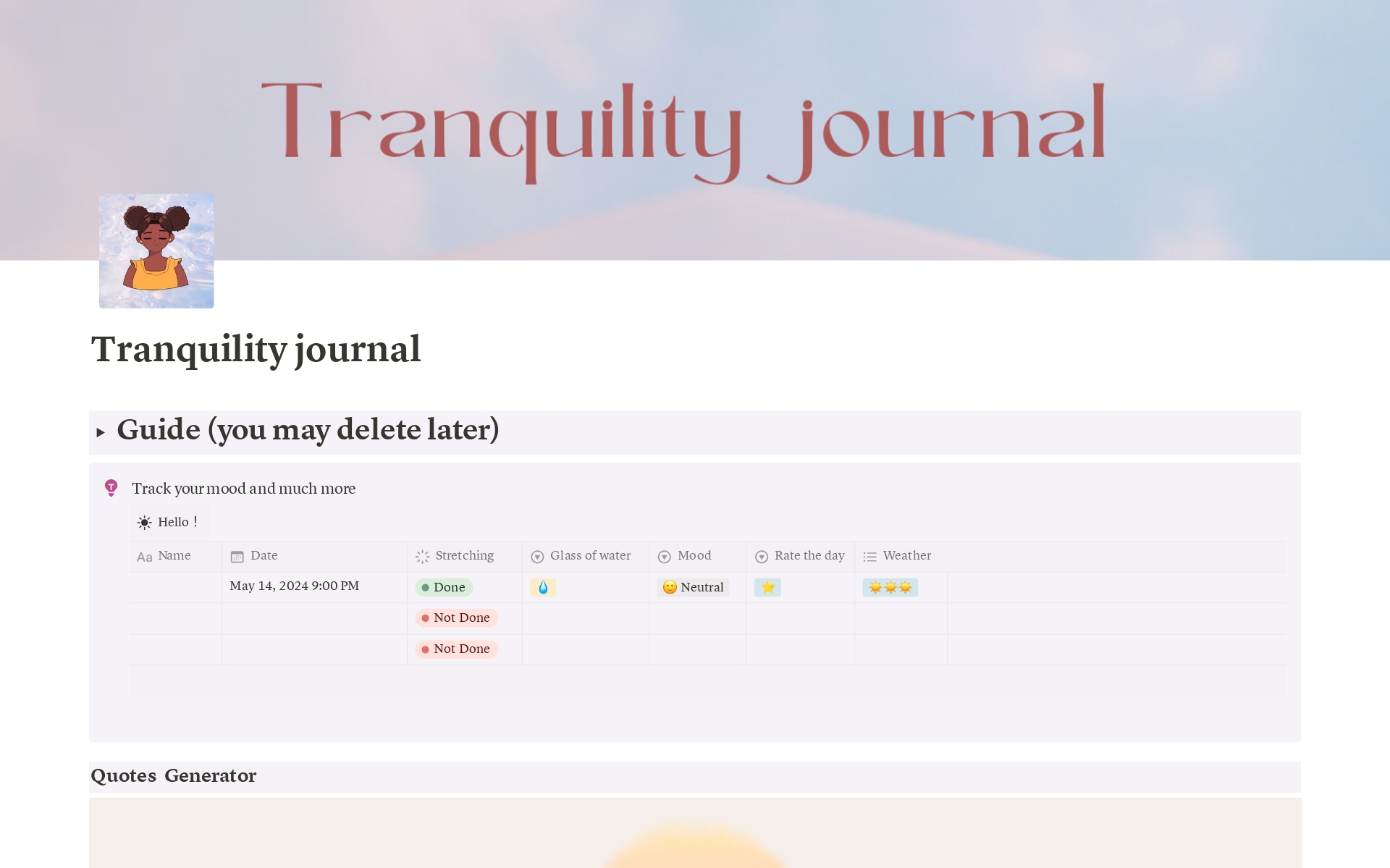 A template preview for Tranquility journal|prompts journal