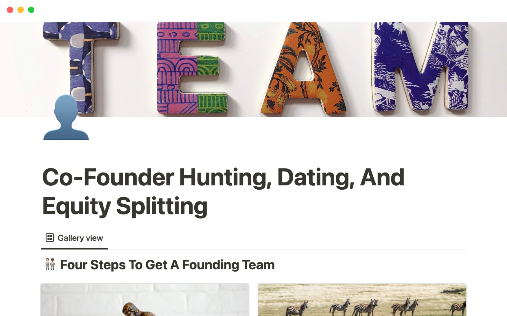 A full co-founder hunting cycle with instructions, including a CRM, interview questions, and equity splitting guidelines.
