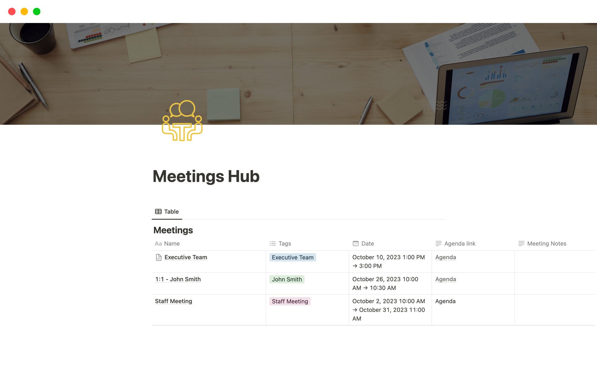 Aperçu du modèle de The Executive Meeting Manager Hub