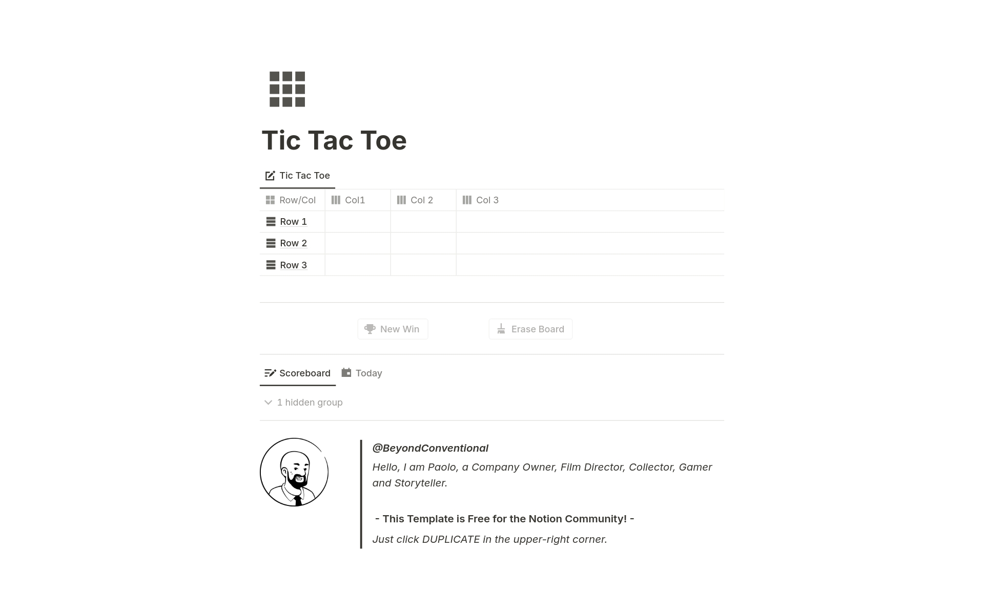 A template preview for Tic Tac Toe