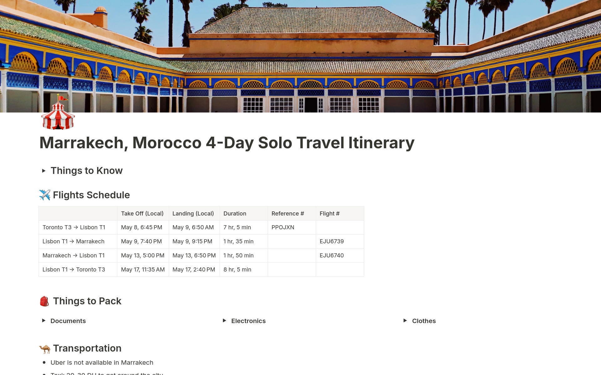 A template preview for Marrakech, Morocco 4-Day Travel Itinerary Planner