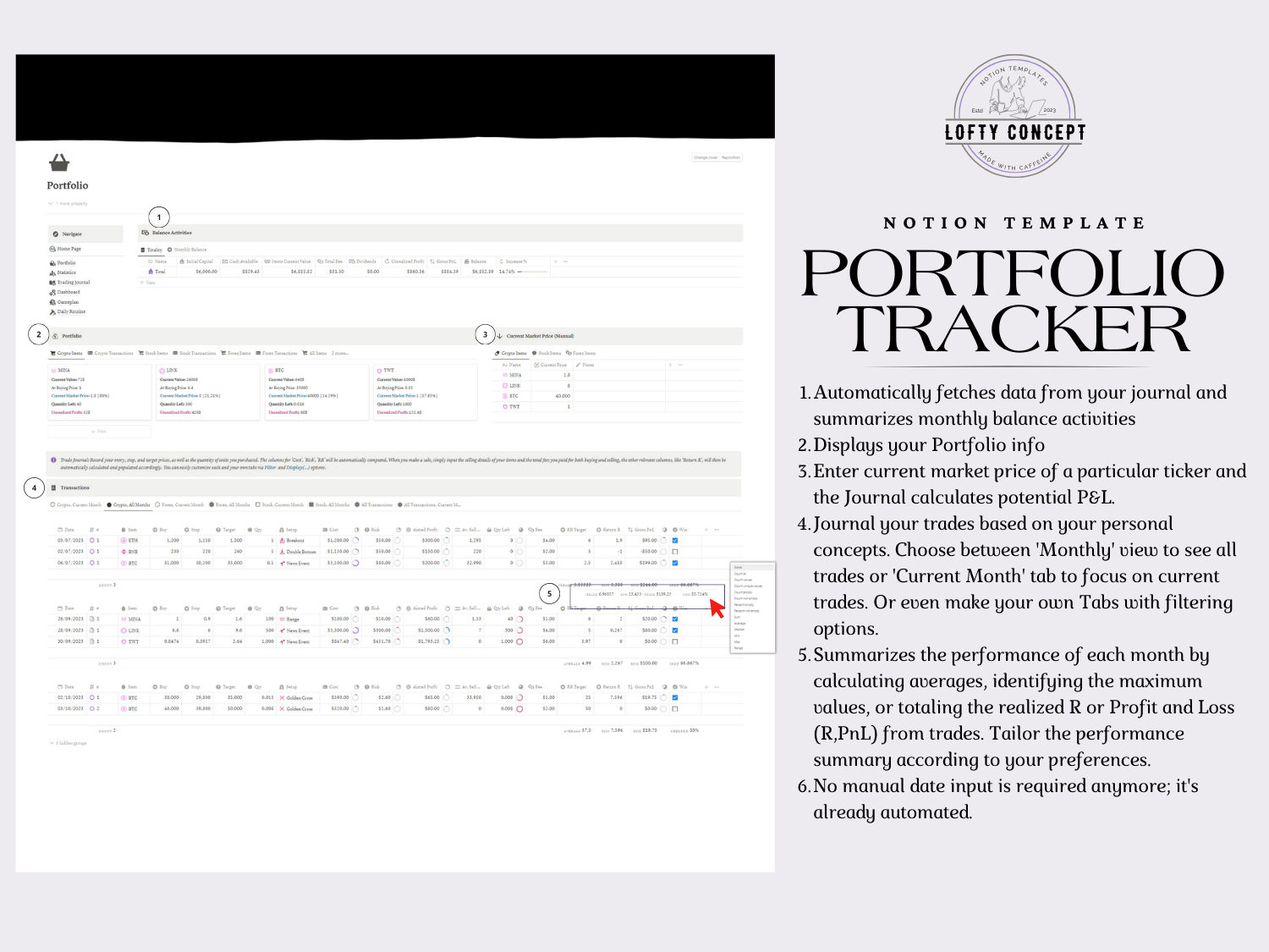 Notion Options Trading Journal + Portfolio Tracker for Forex, Crypto, Stock | Multiple TP | Trading Routine & Psychology Management Tools