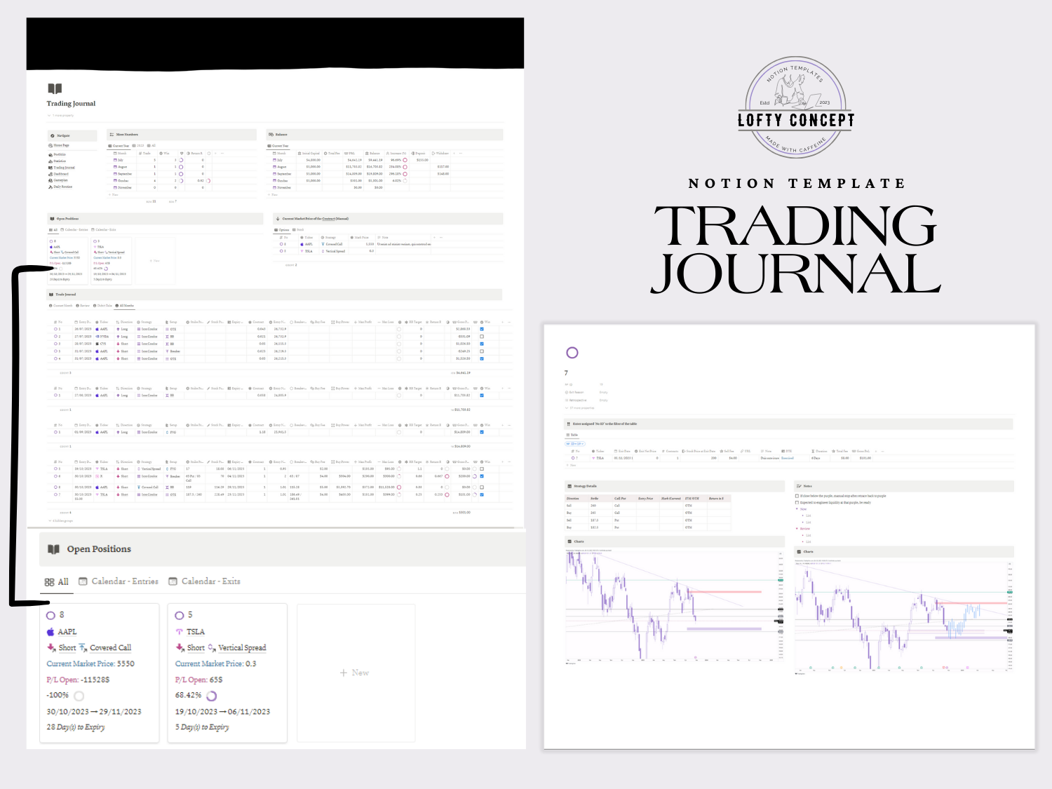 Notion Options Trading Journal + Portfolio Tracker for Forex, Crypto, Stock | Multiple TP | Trading Routine & Psychology Management Tools