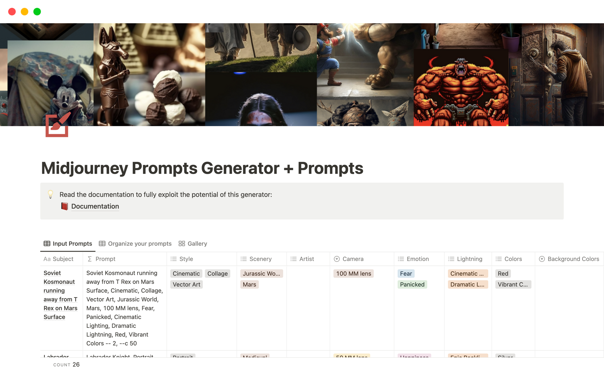 Upgrade your Midjourney experience with this Prompts Generator powered by Notion.
