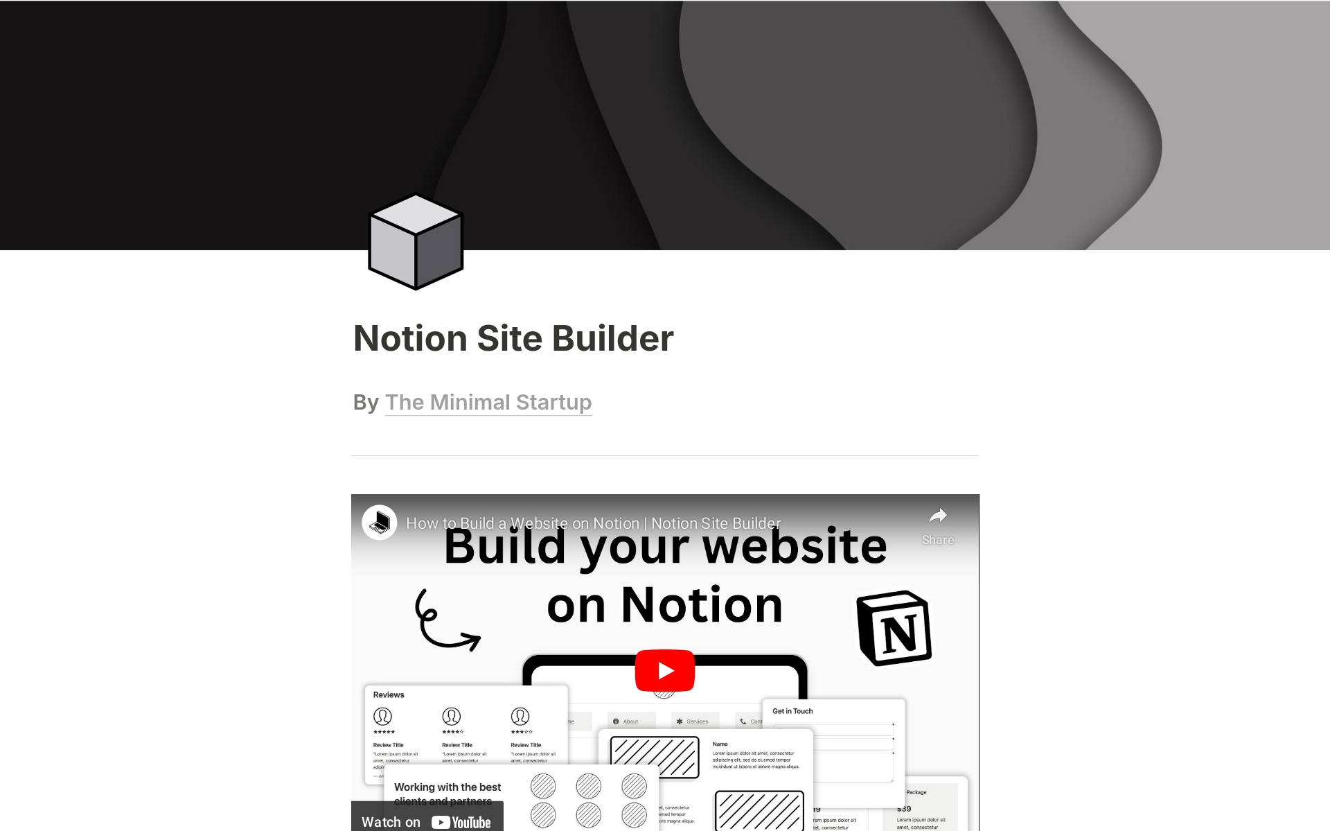 Uma prévia do modelo para Notion Site Builder