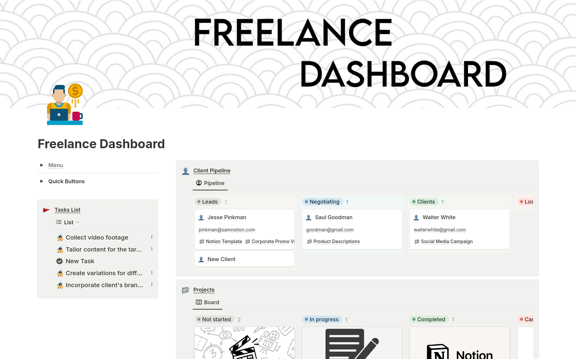 Uma prévia do modelo para All-in-one Freelance Dashboard