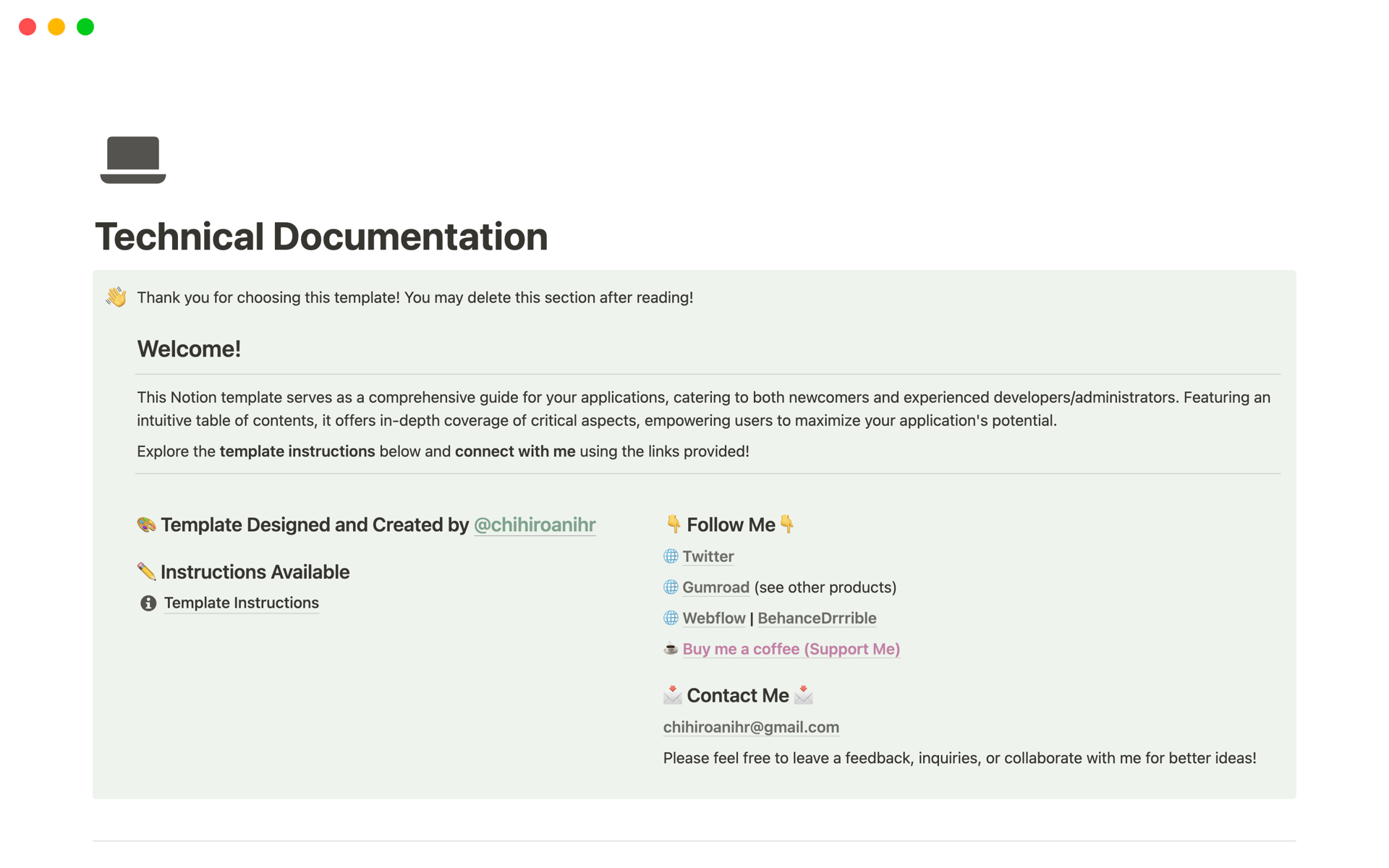 A template preview for Technical Documentation
