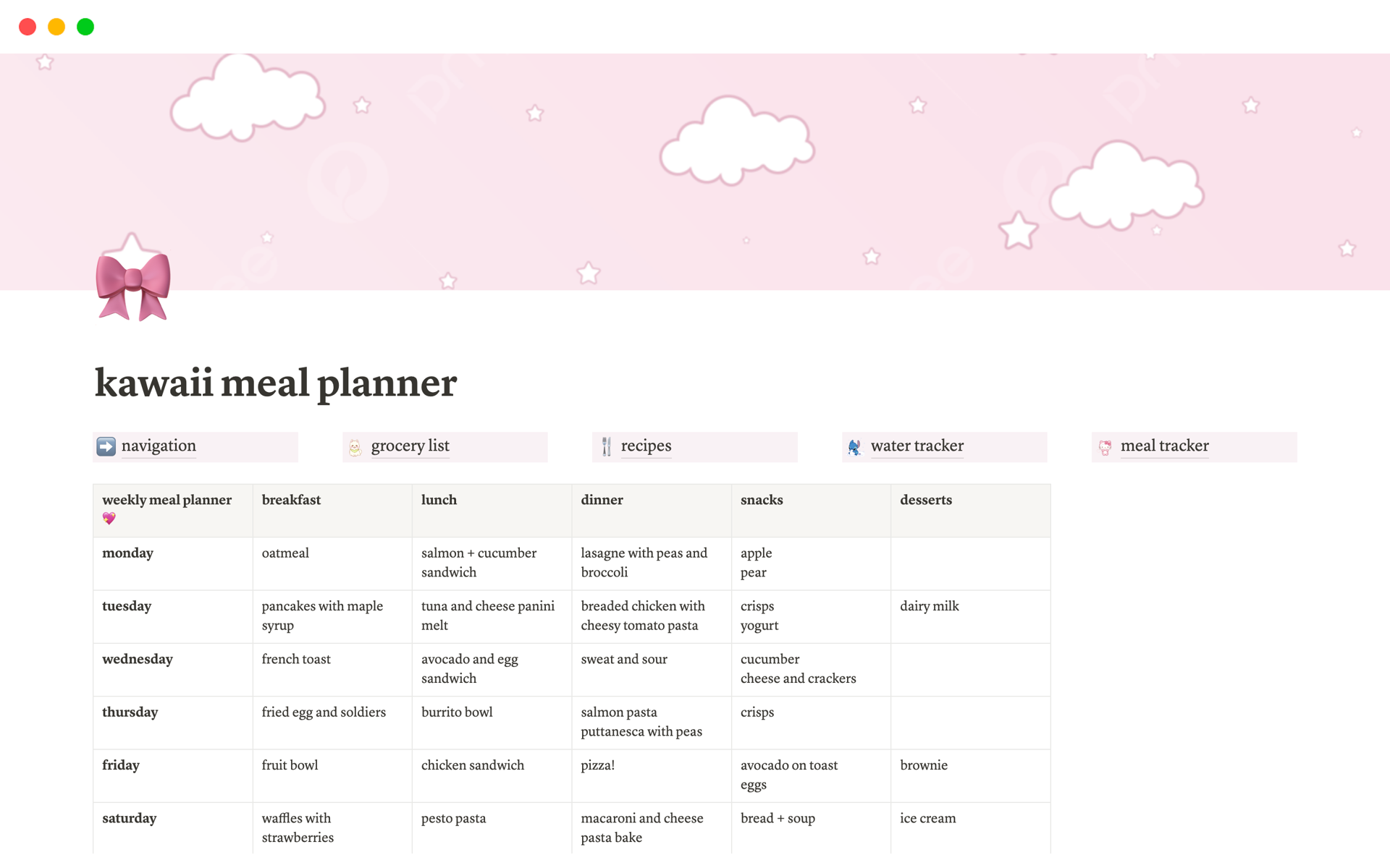 This stylish and aesthetic Cute Pink Notion meal planner template, perfect for keeping track of your weekly meals, will instantly bring out your inner kawaii girl.