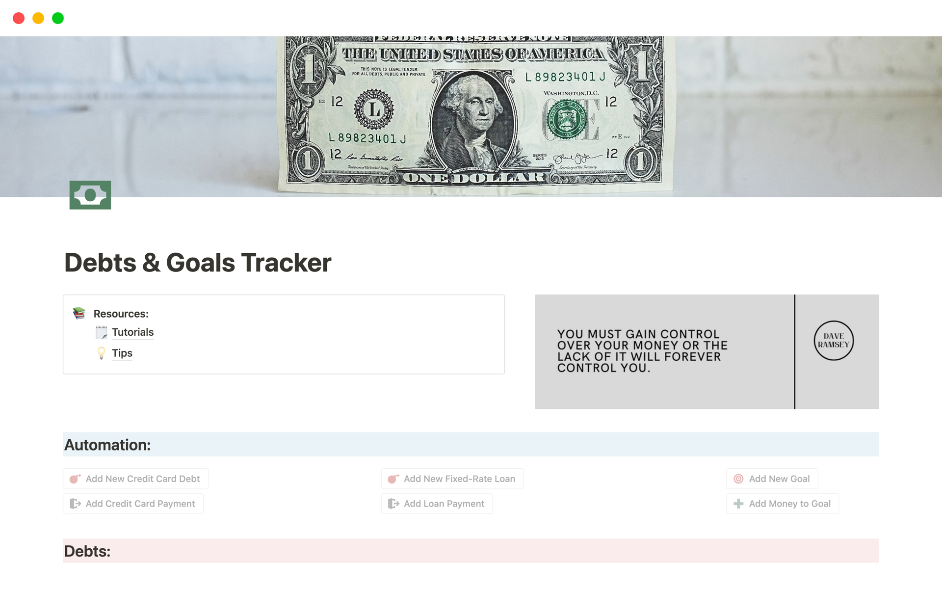 A template preview for Debts & Goals Tracker 