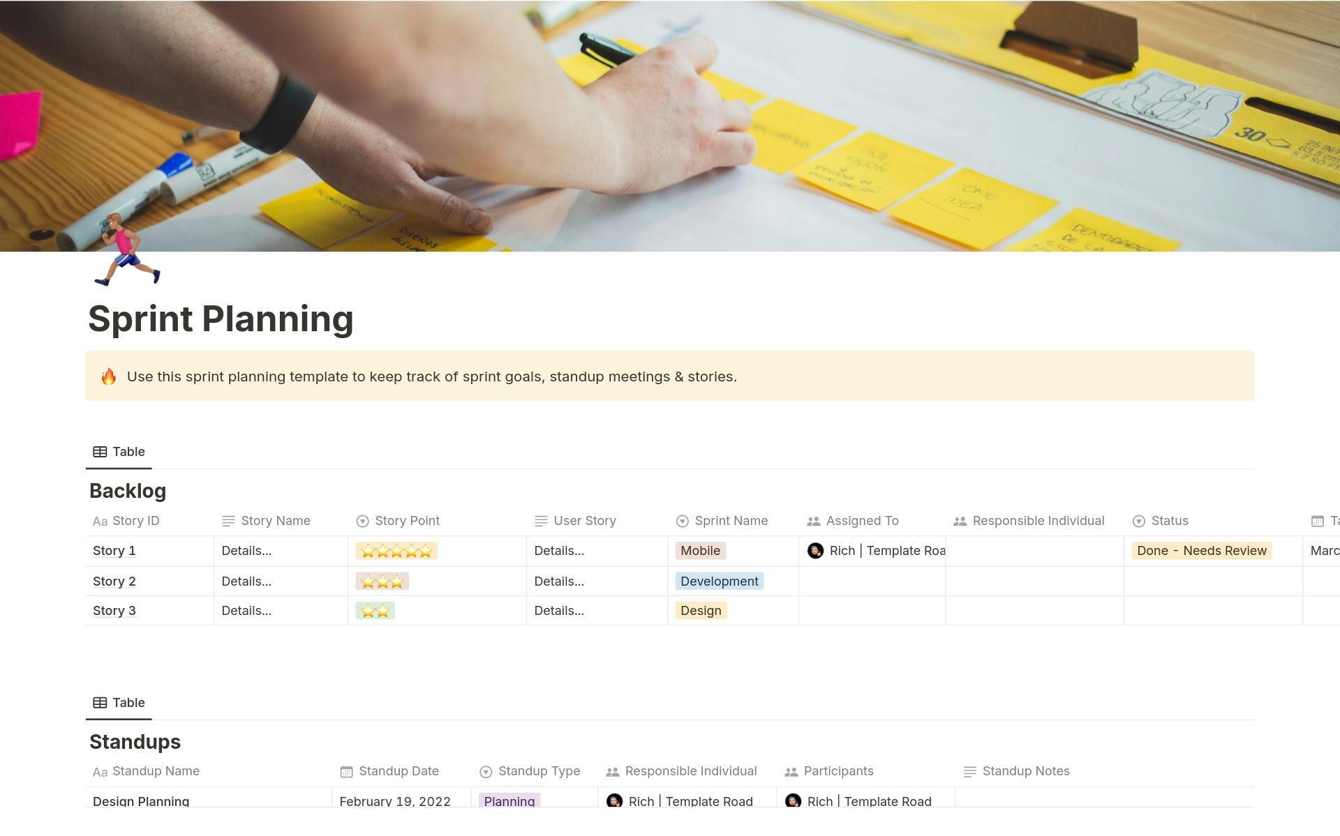 A template preview for Sprint Planning