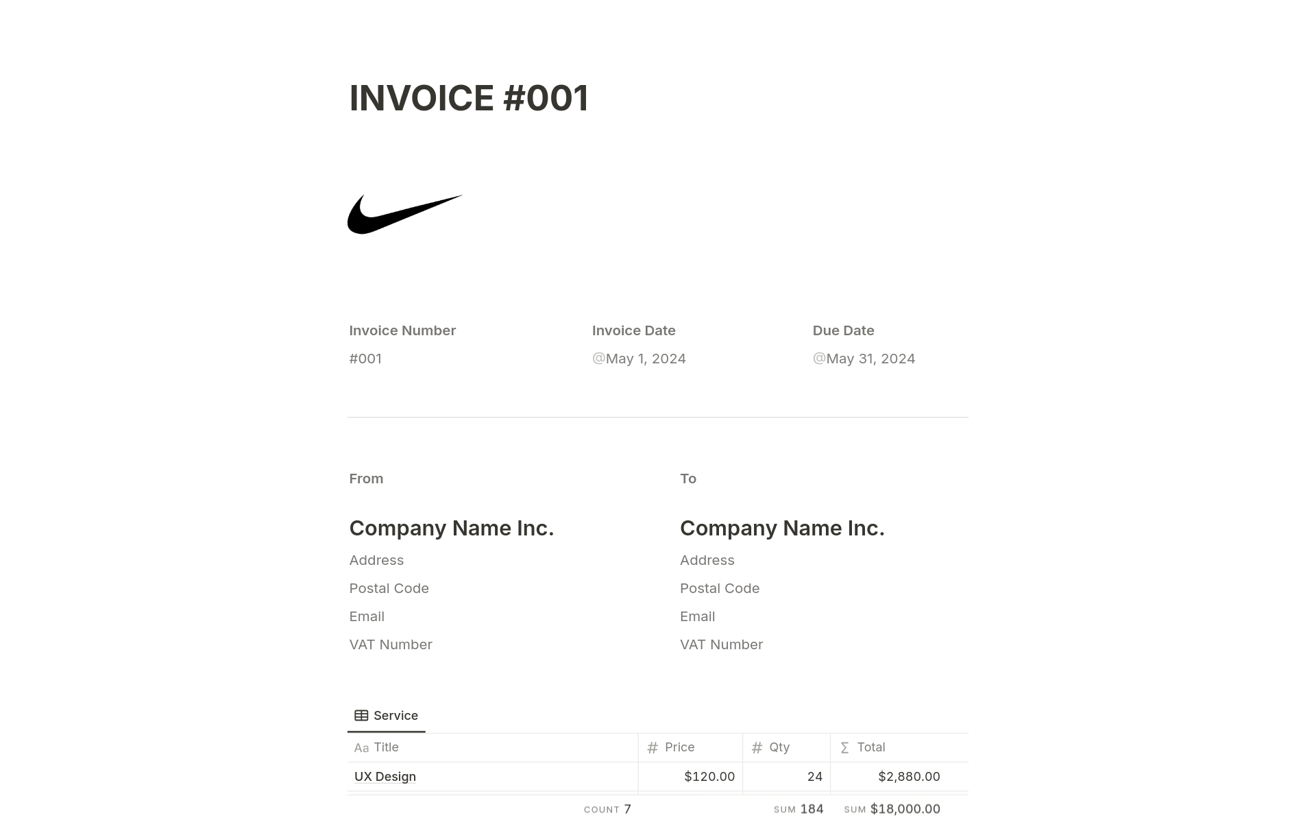 A template preview for INVOICE #001