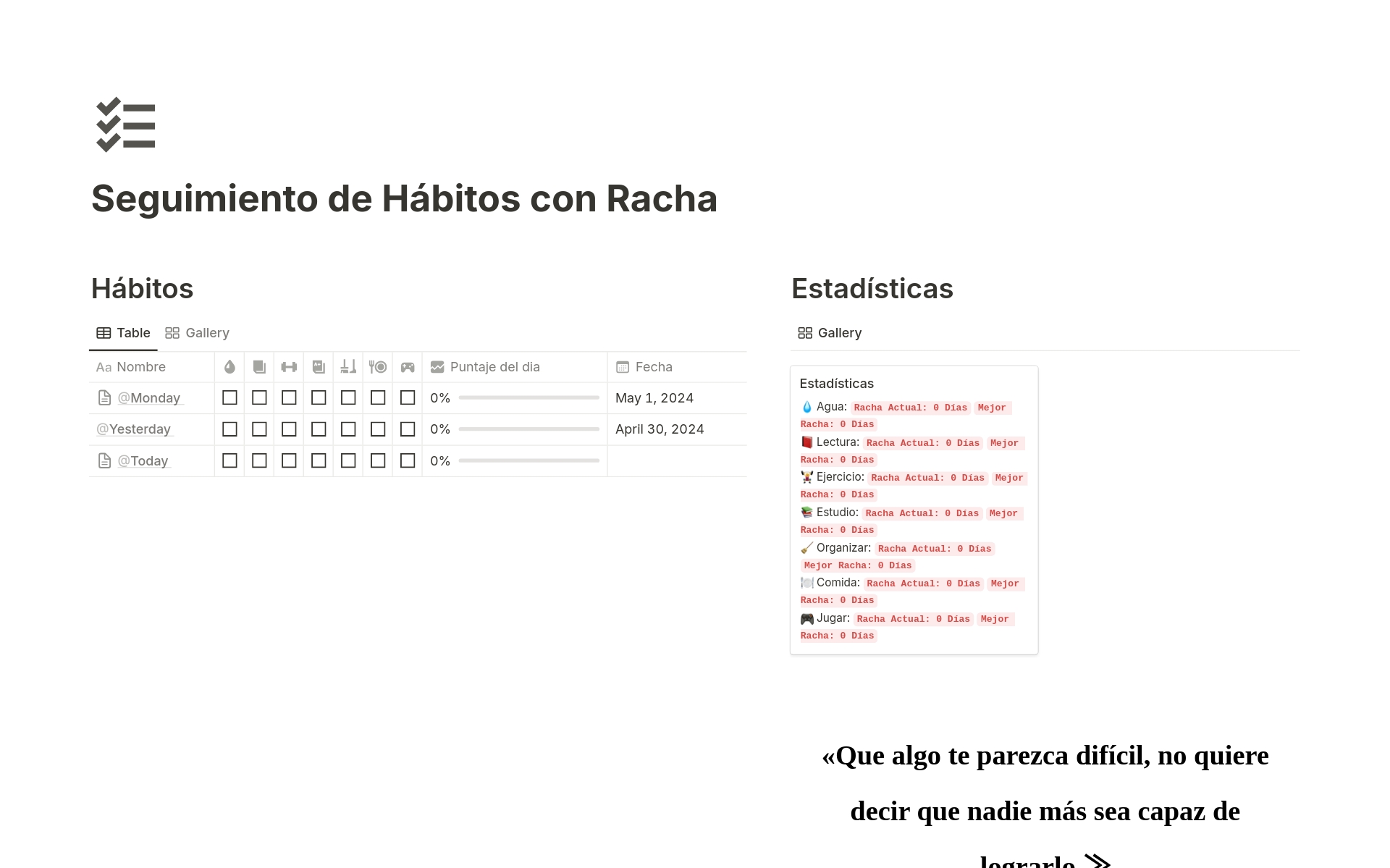 A template preview for Seguimiento de hábitos con Racha