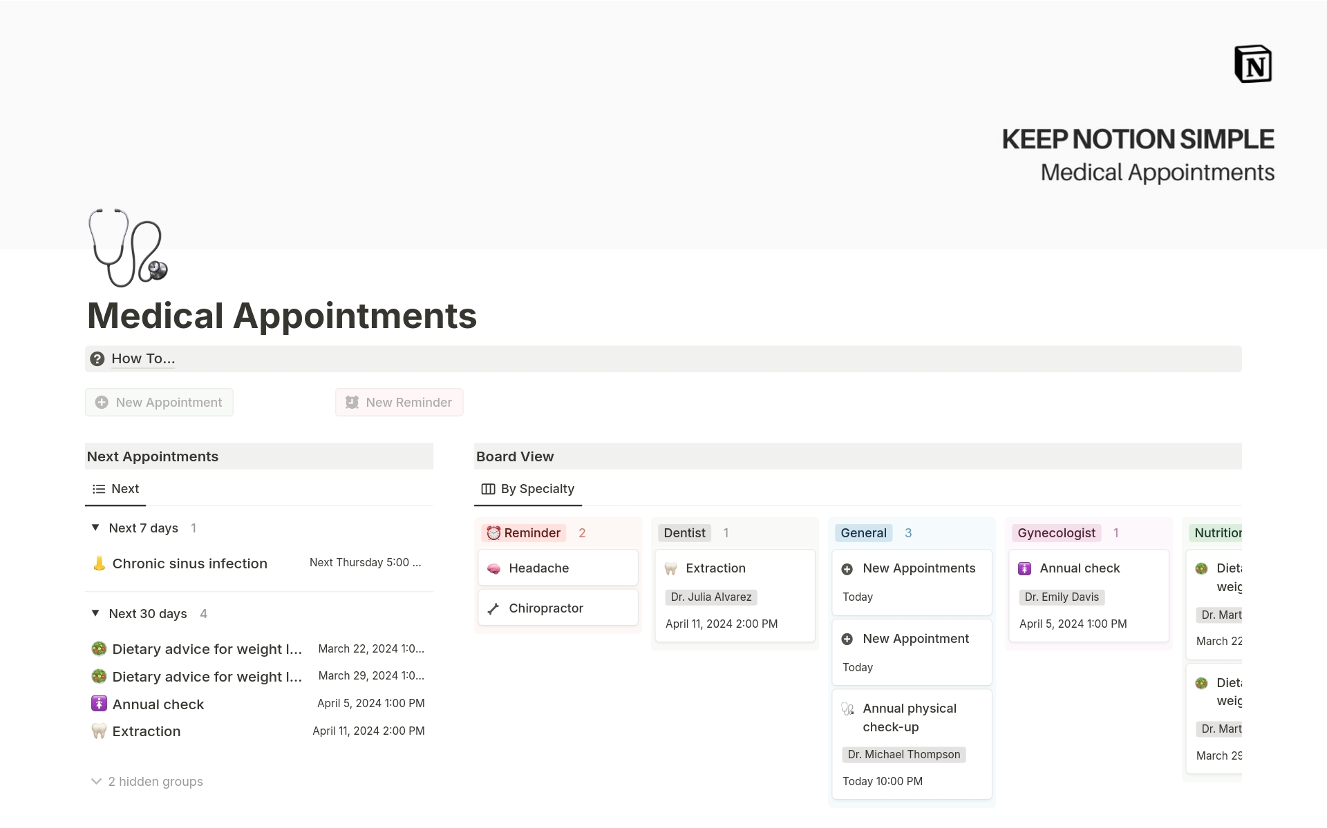 A template preview for KNS Medical Appointments