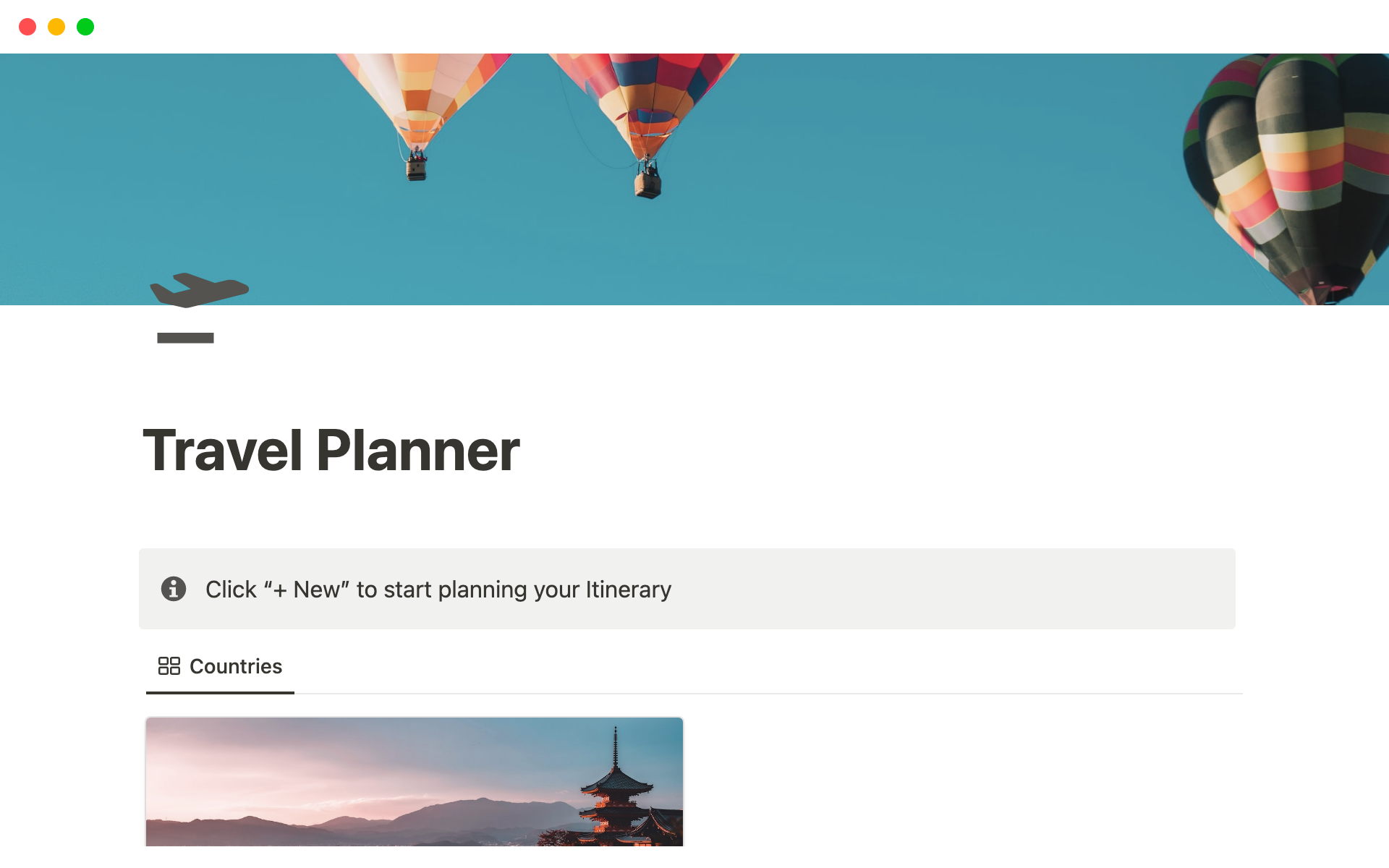 Eine Vorlagenvorschau für Notion Travel Planner: Simplify Your Next Adventure