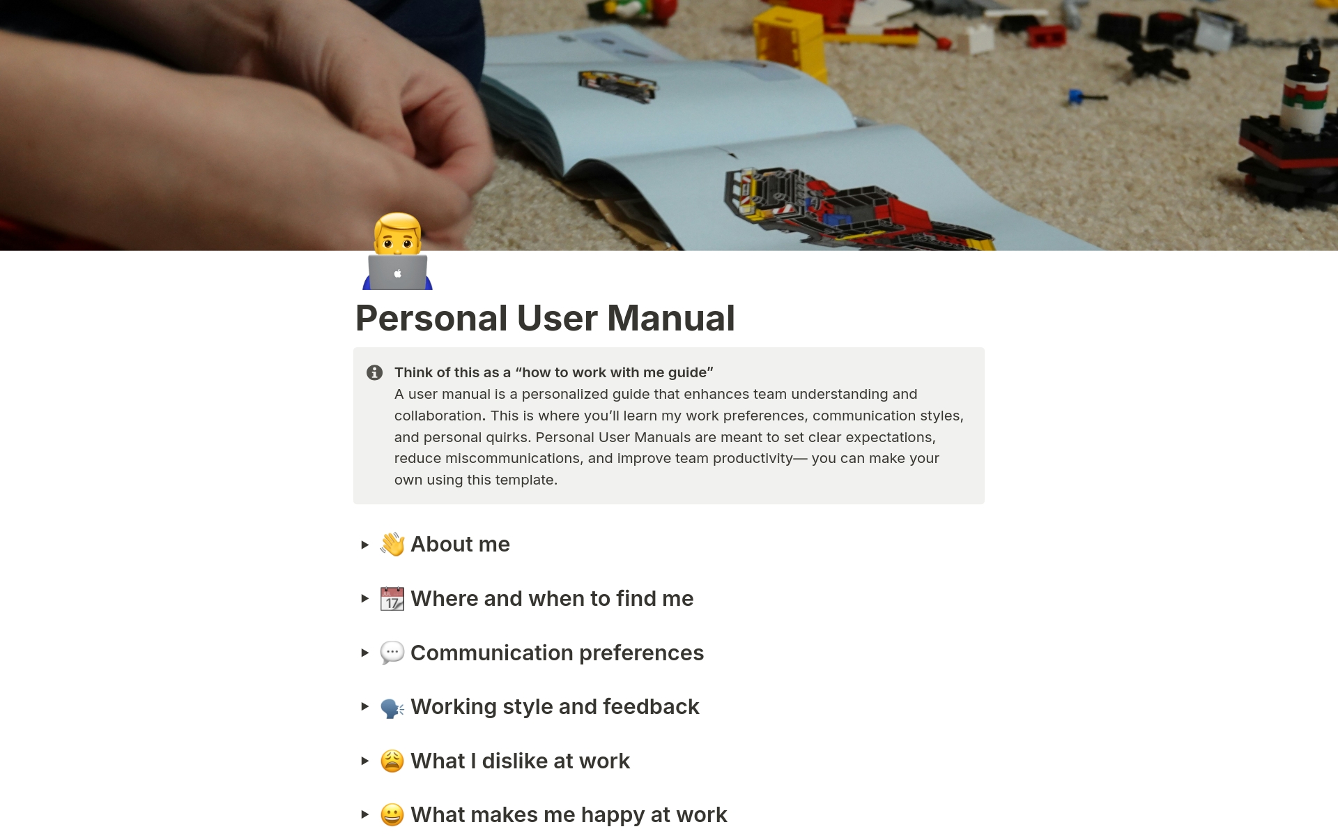 A template preview for Personal User Manual for Work