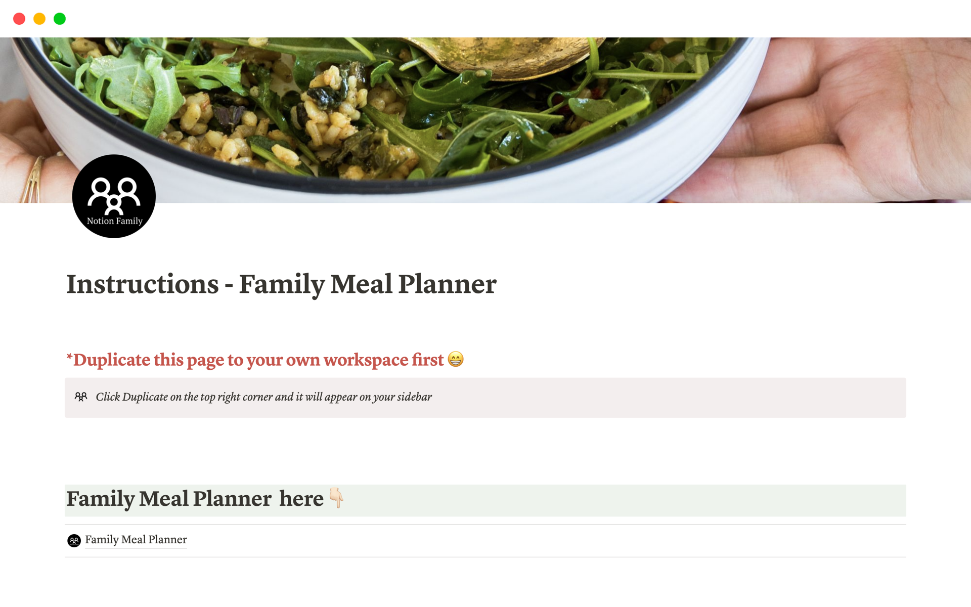 A template preview for Family Meal Planner