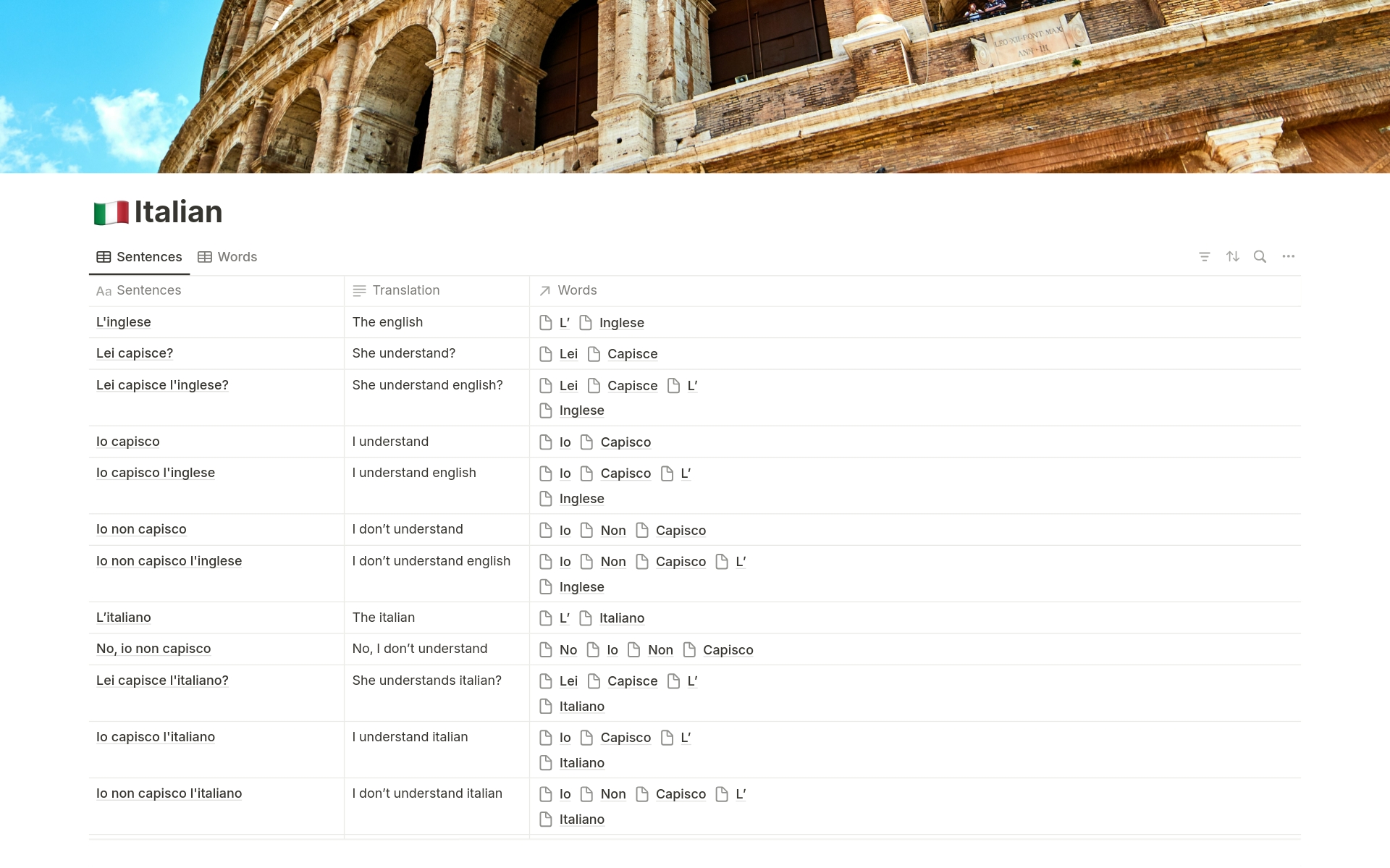 A template preview for Italian Vocabulary Tracker Language System