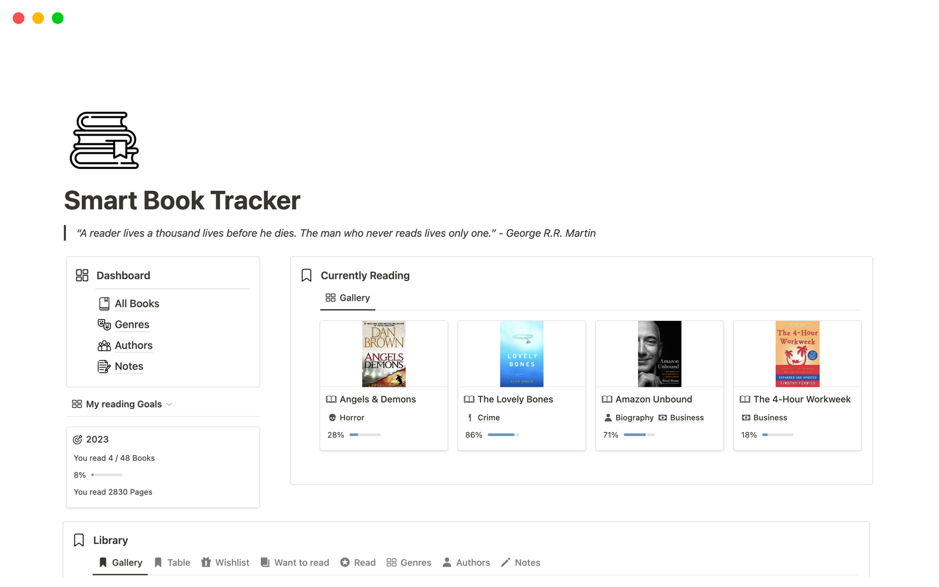 Vista previa de una plantilla para Smart Book Tracker