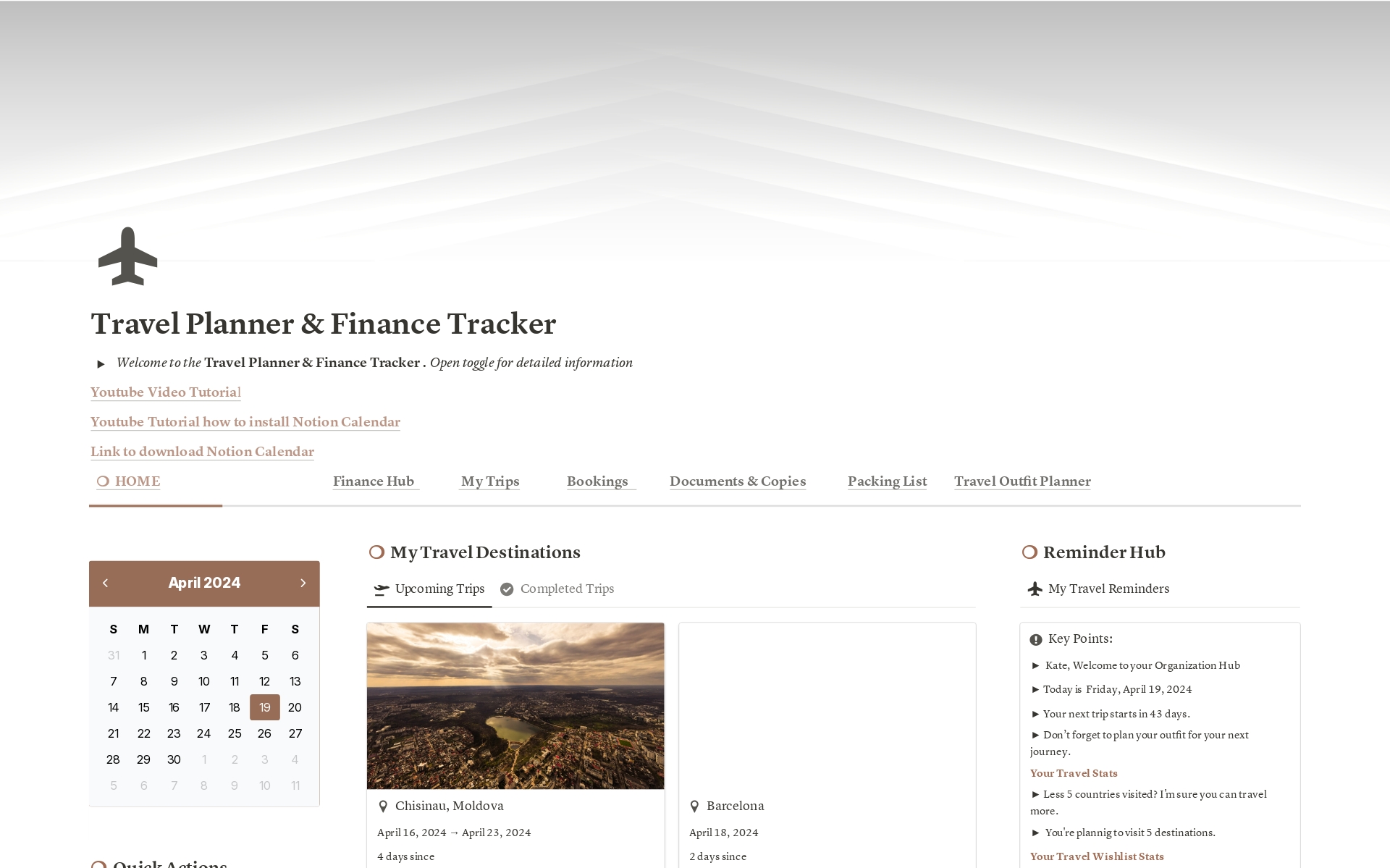 A template preview for Travel Planner & Finance Tracker 