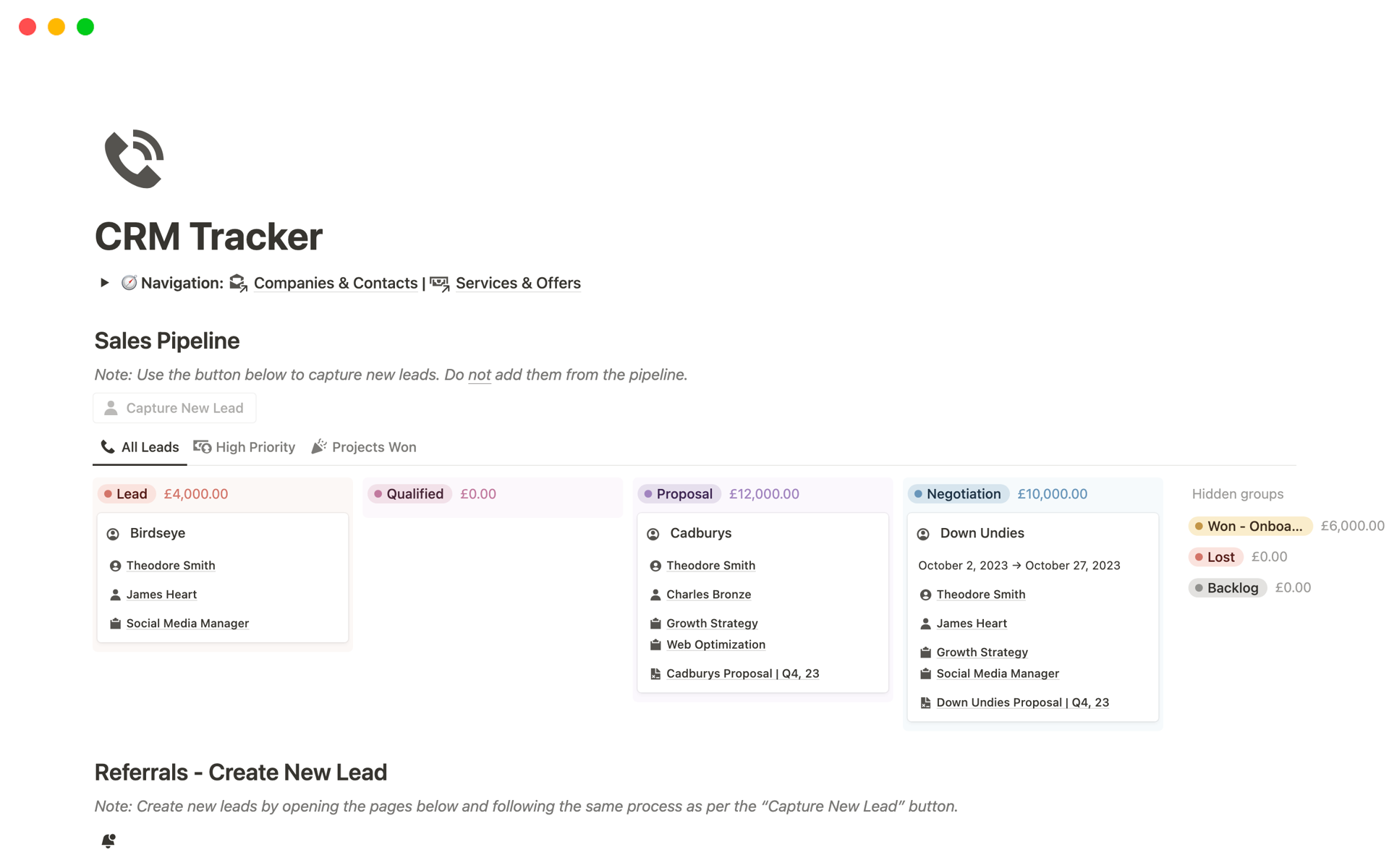 Vista previa de una plantilla para CRM Tracker