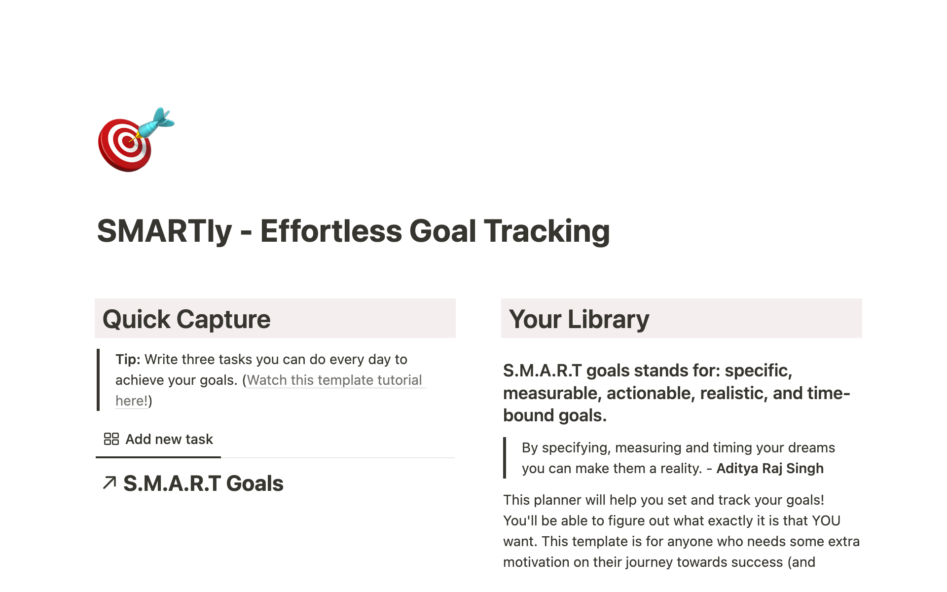 Vista previa de una plantilla para SMARTly - Effortless Goal Tracking