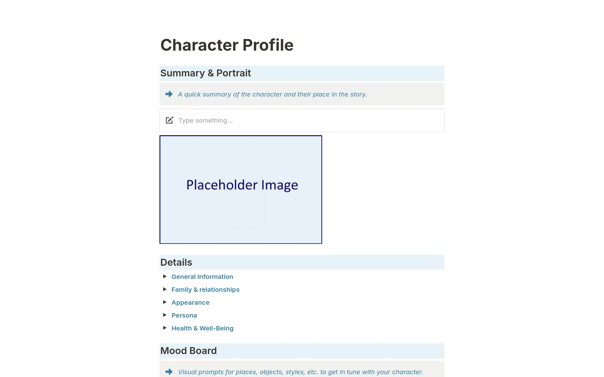 Eine Vorlagenvorschau für Character Profile