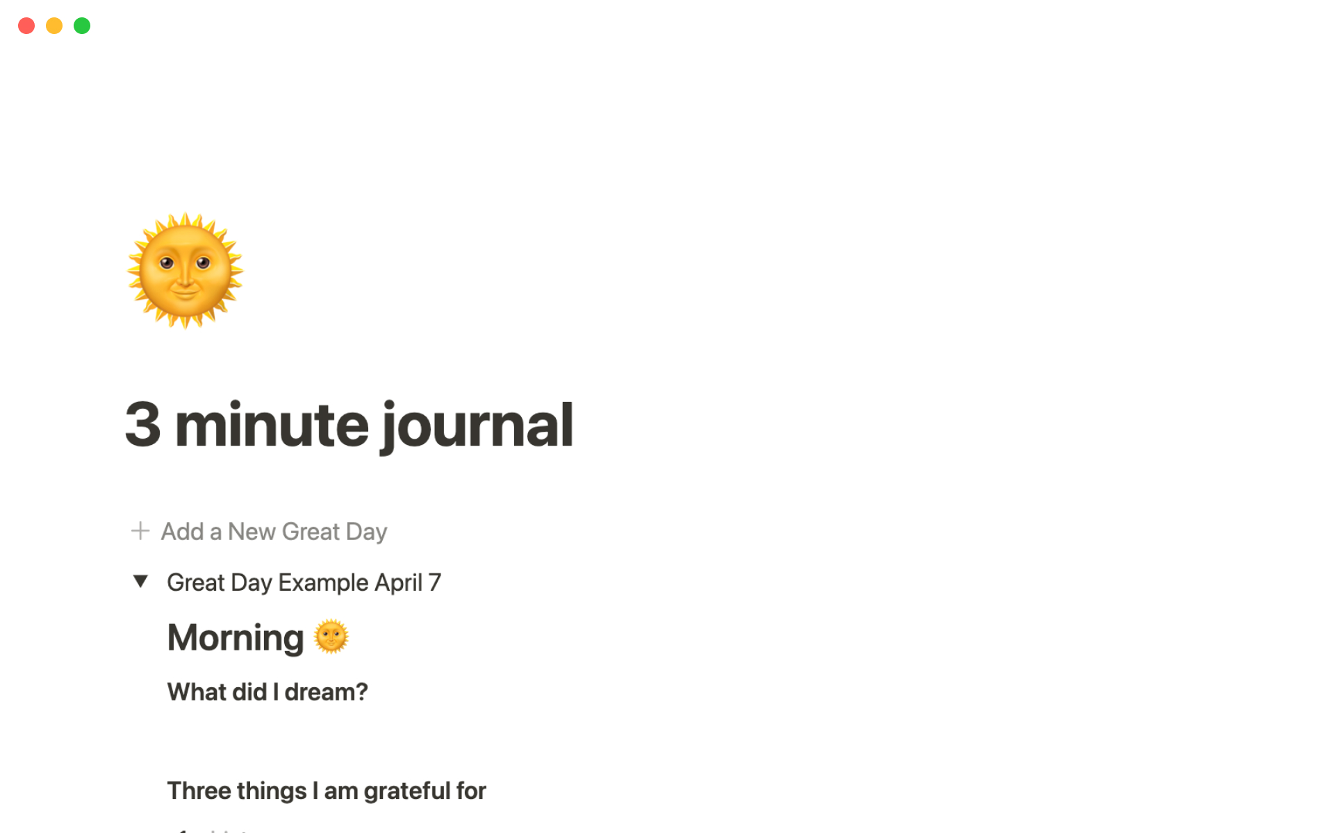 A template preview for 3 minute journal