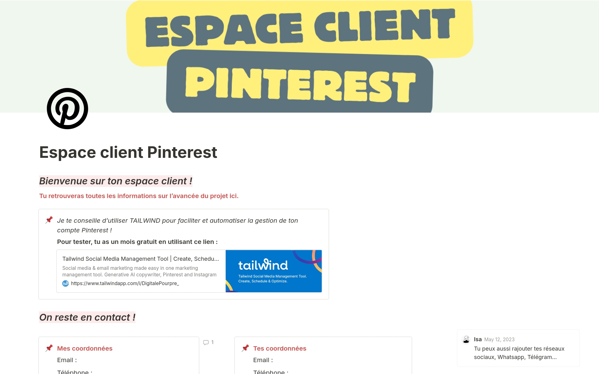Tu es Pinterest manager ?
Voilà un espace que tu peux partager avec tes clients pour suivre leur projet facilement !