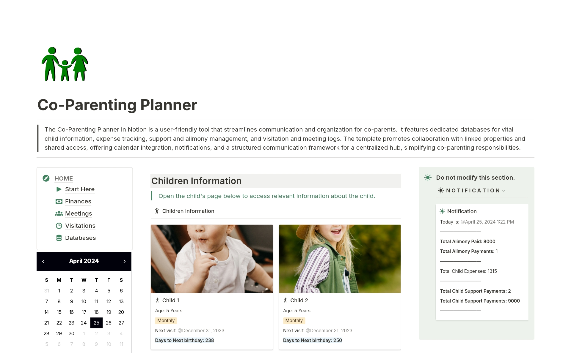 Eine Vorlagenvorschau für Co-Parenting Planner | Alimony | Child Support 