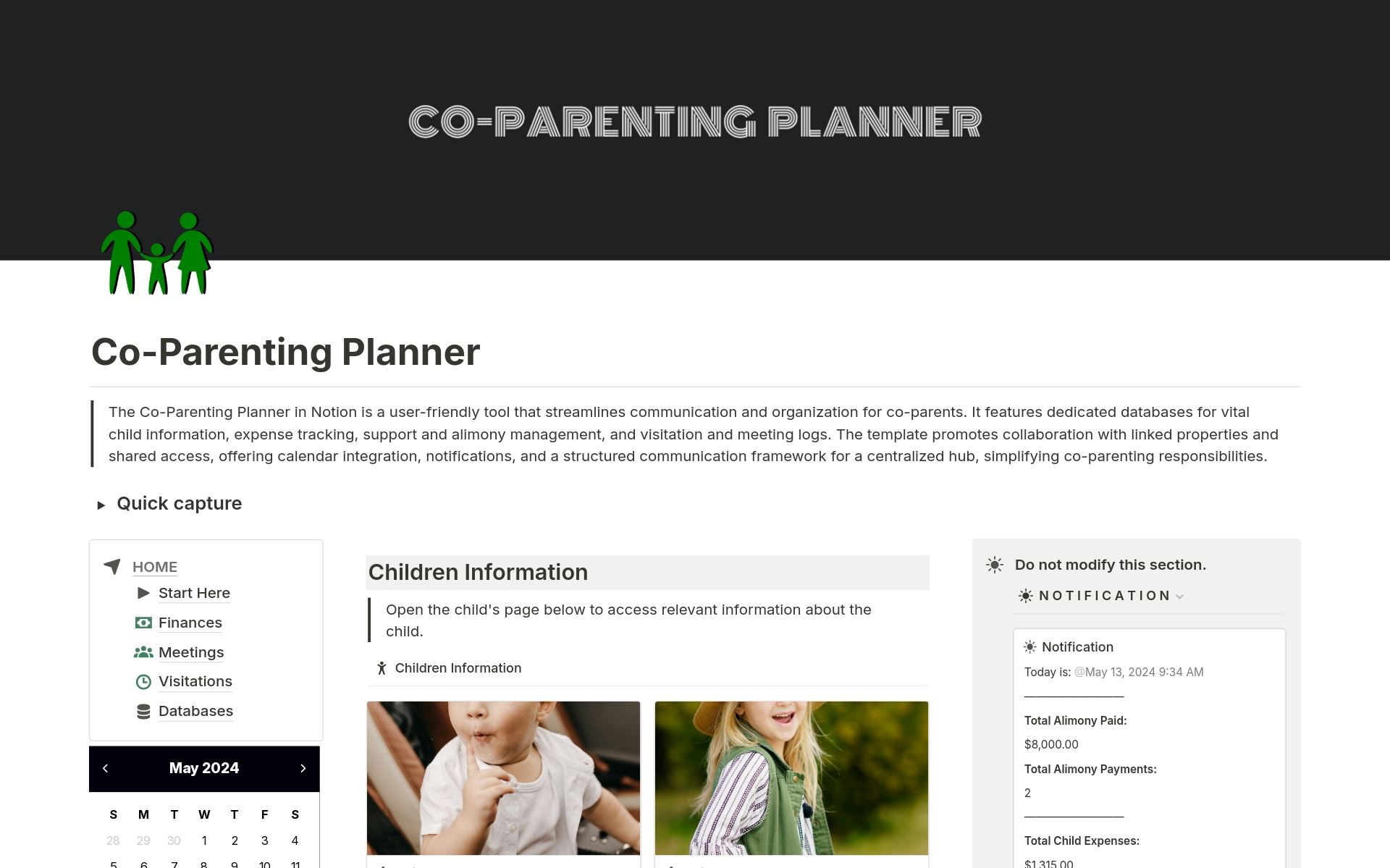 A template preview for Co-Parenting Planner | Alimony | Child Support 