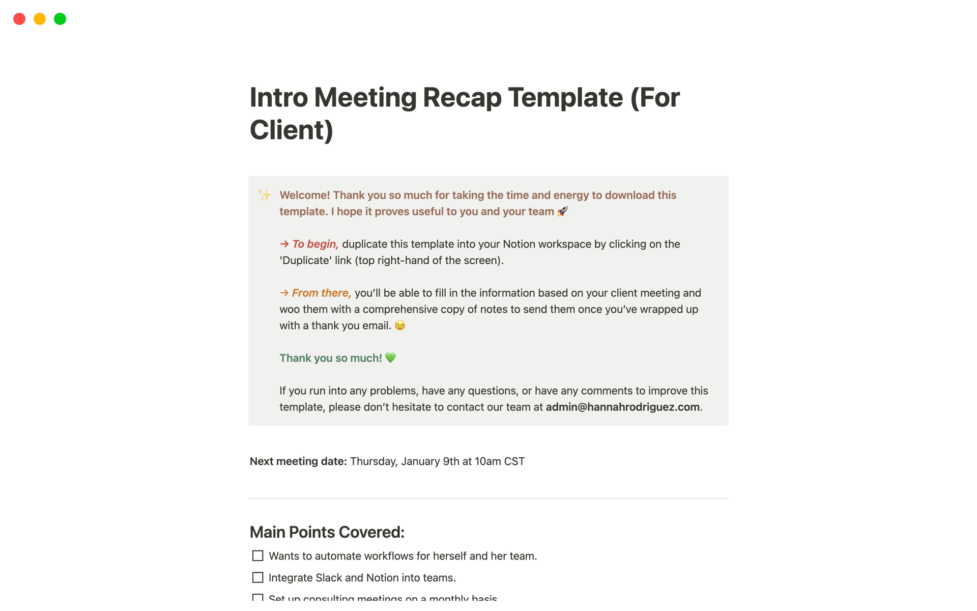 A template preview for Intro Meeting Recap (For Client)