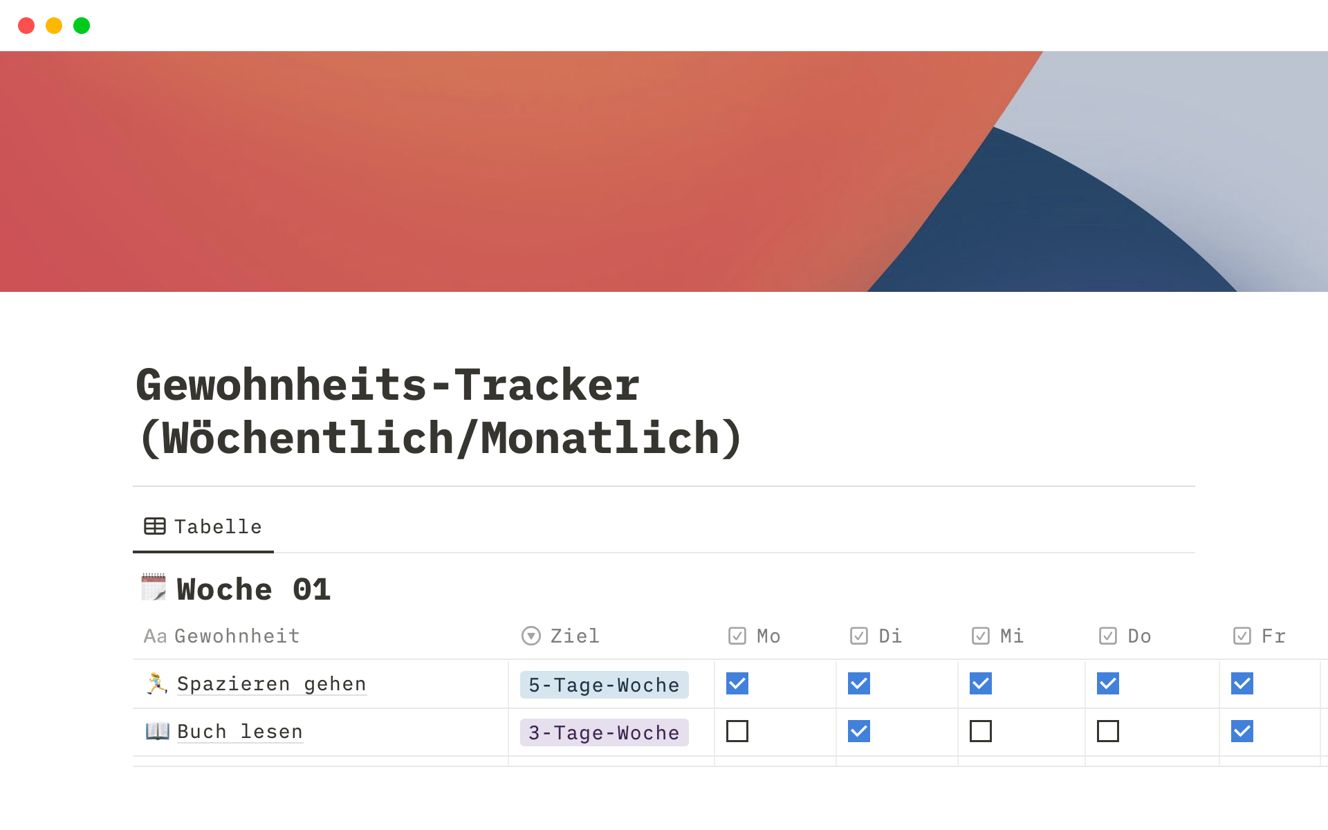 Eine Vorlagenvorschau für Gewohnheits-Tracker (Wöchentlich/Monatlich)