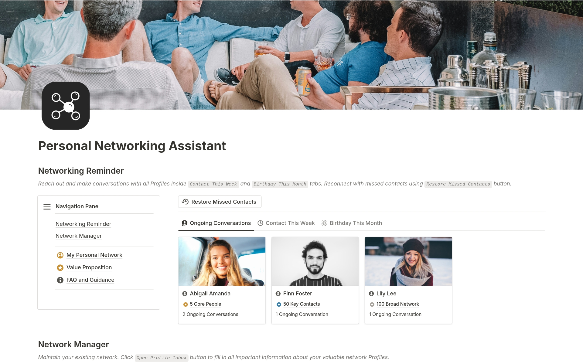 Eine Vorlagenvorschau für Personal Networking Assistant