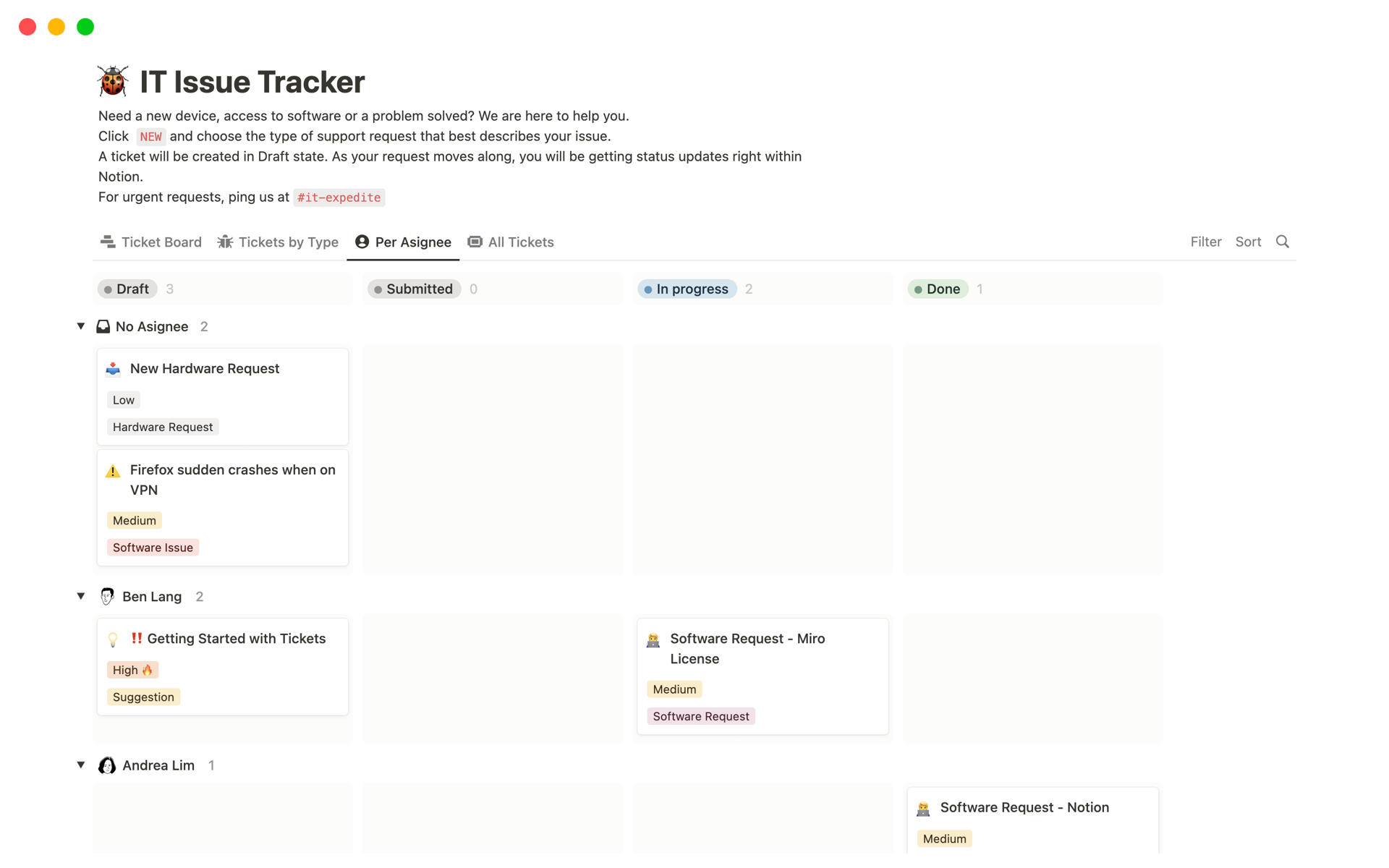 A template preview for IT Issue Tracker
