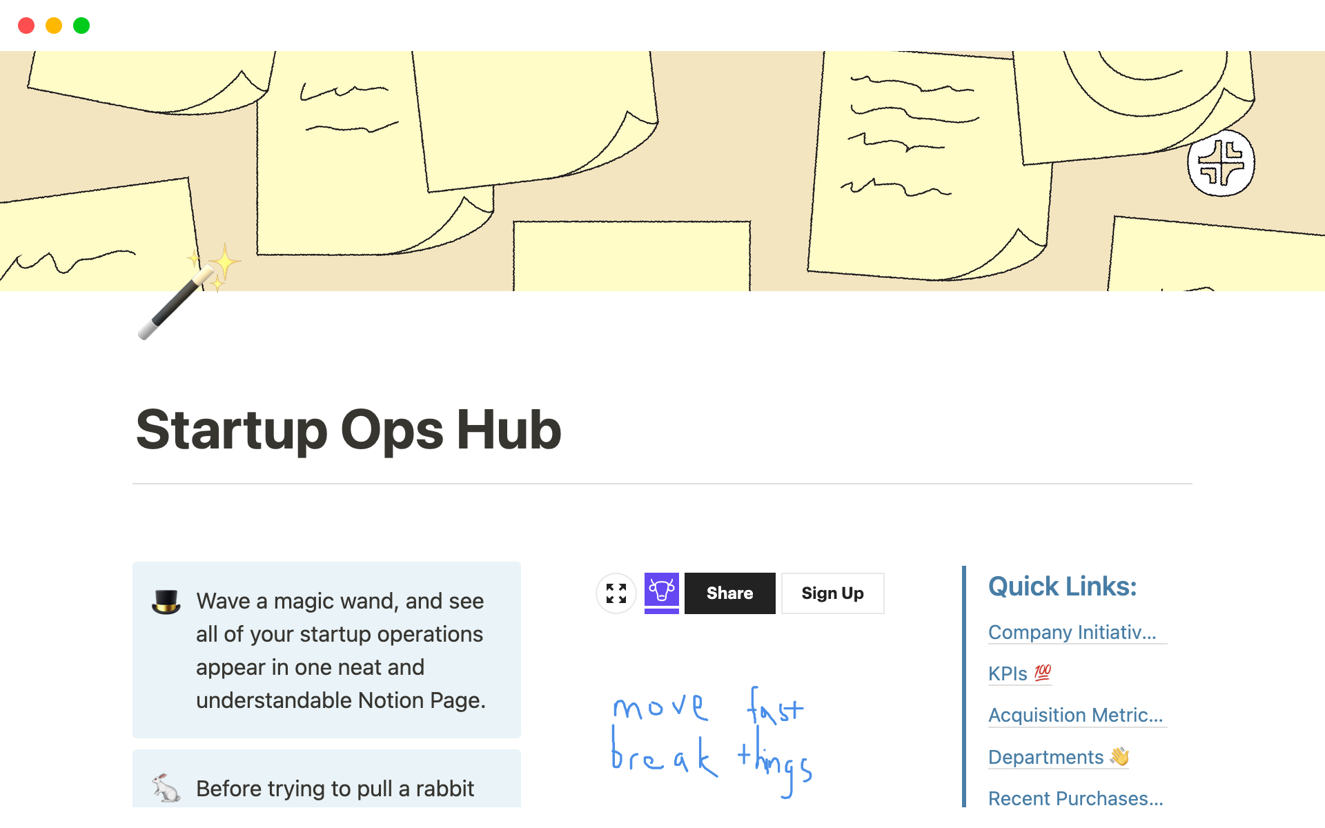 Vista previa de una plantilla para Startup Ops Hub