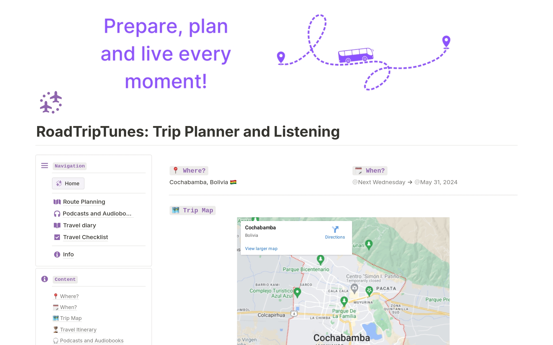 En forhåndsvisning av mal for RoadTripTunes: Trip Planner and Listening