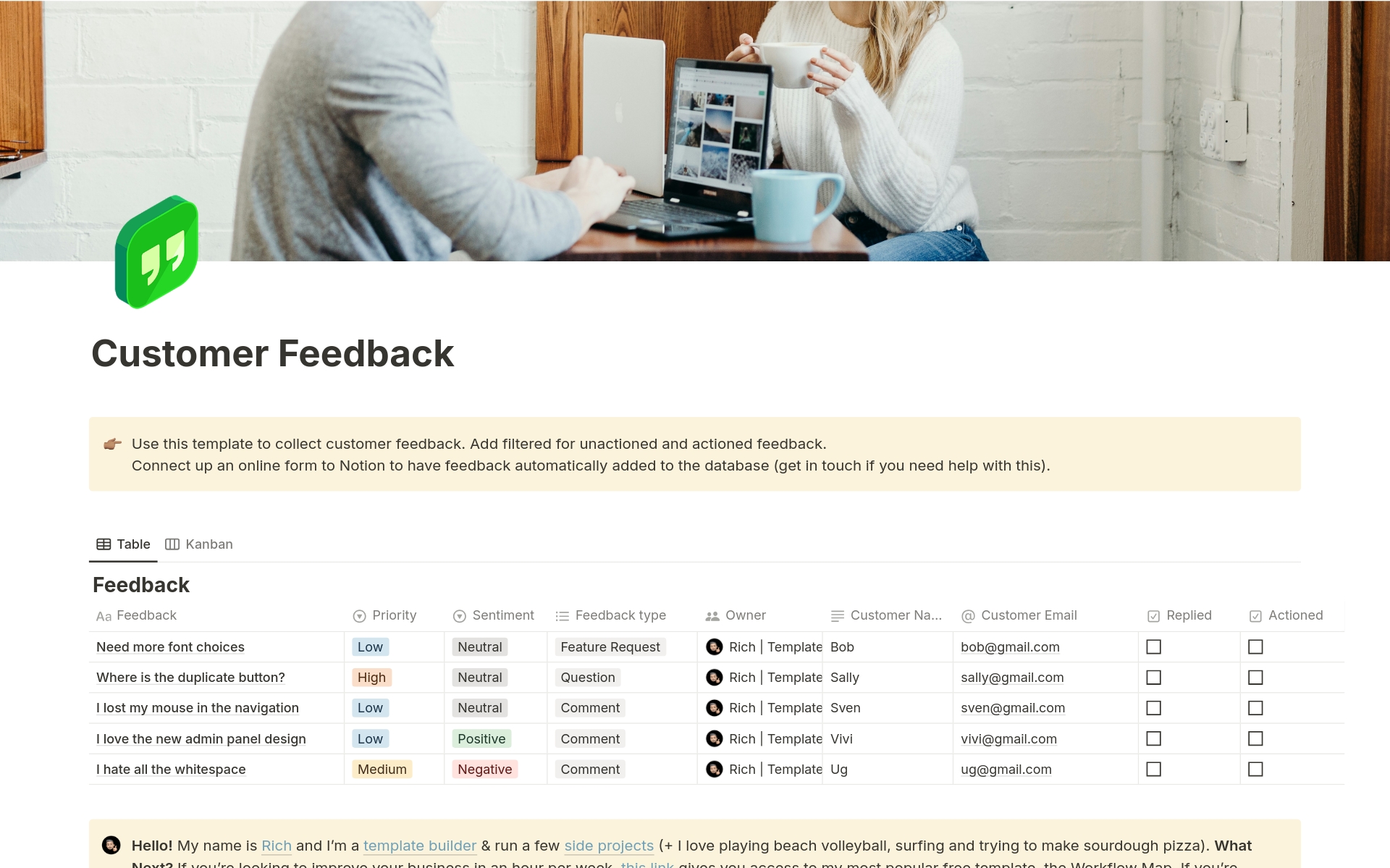 This template is perfect for organising the outreach, collection and curation of customer feedback in one place.