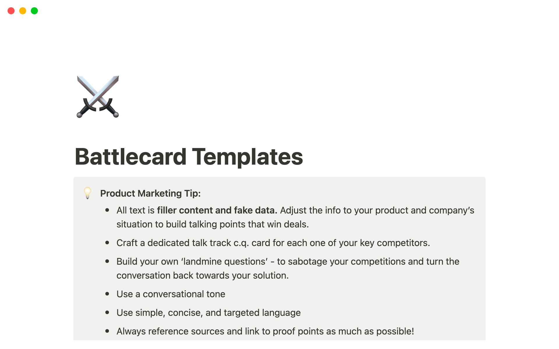A template preview for Notion Battlecard Templates