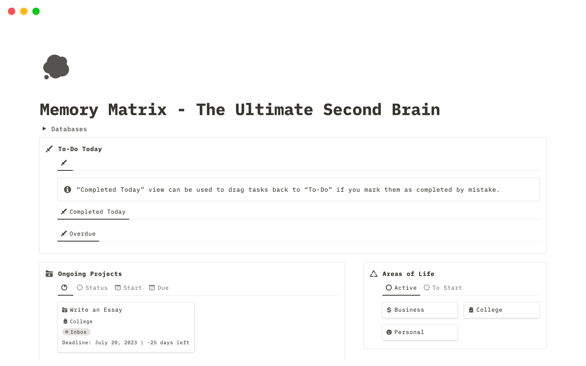 Eine Vorlagenvorschau für Memory Matrix - The Ultimate Second Brain