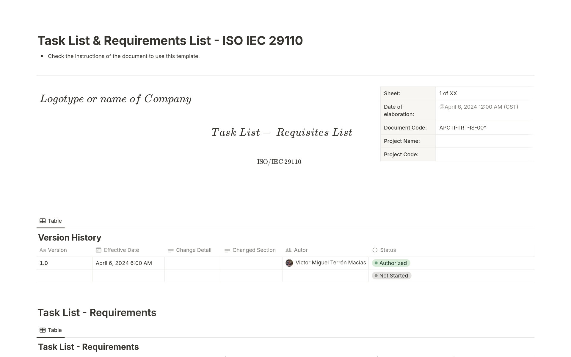 A template preview for Software Task List - Requirements 
