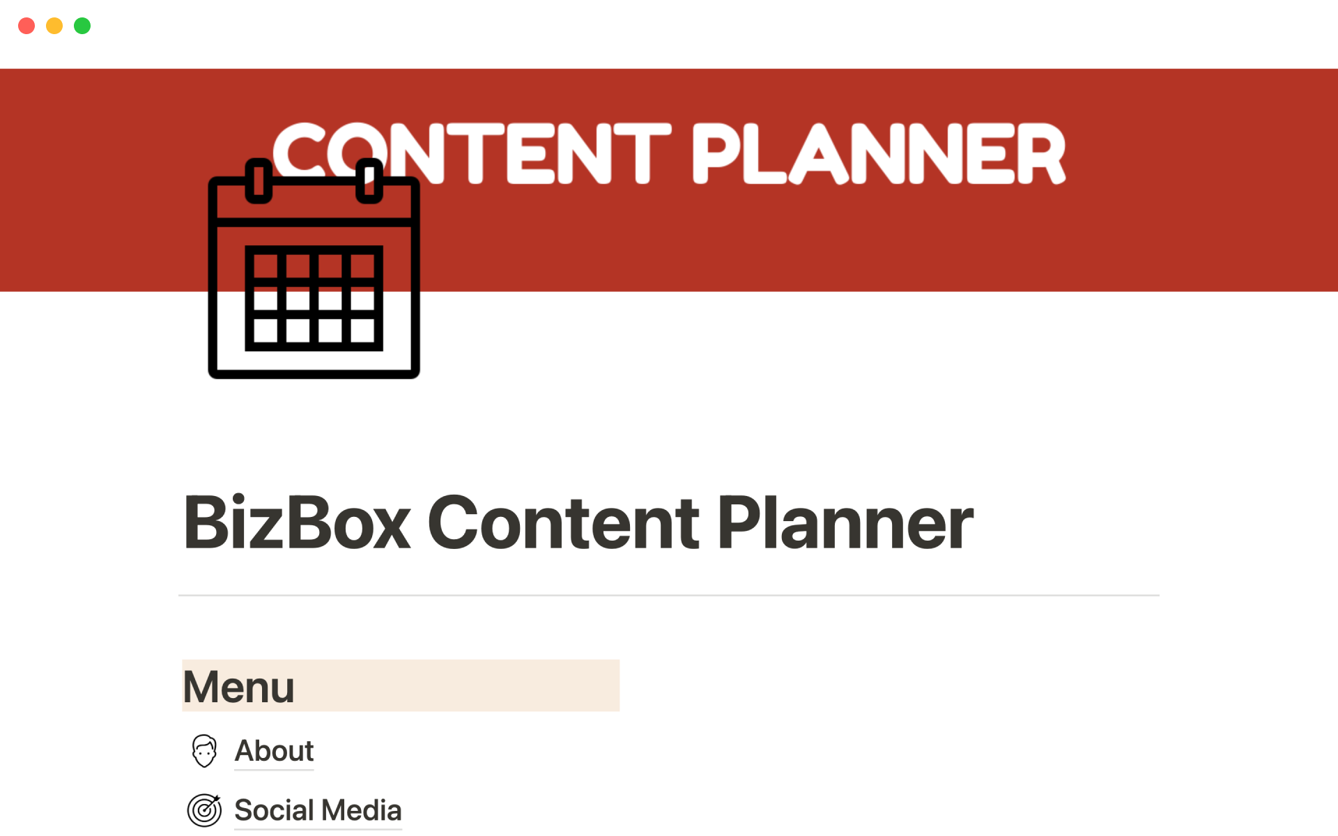 A template preview for Bizbox - The social content calendar planner