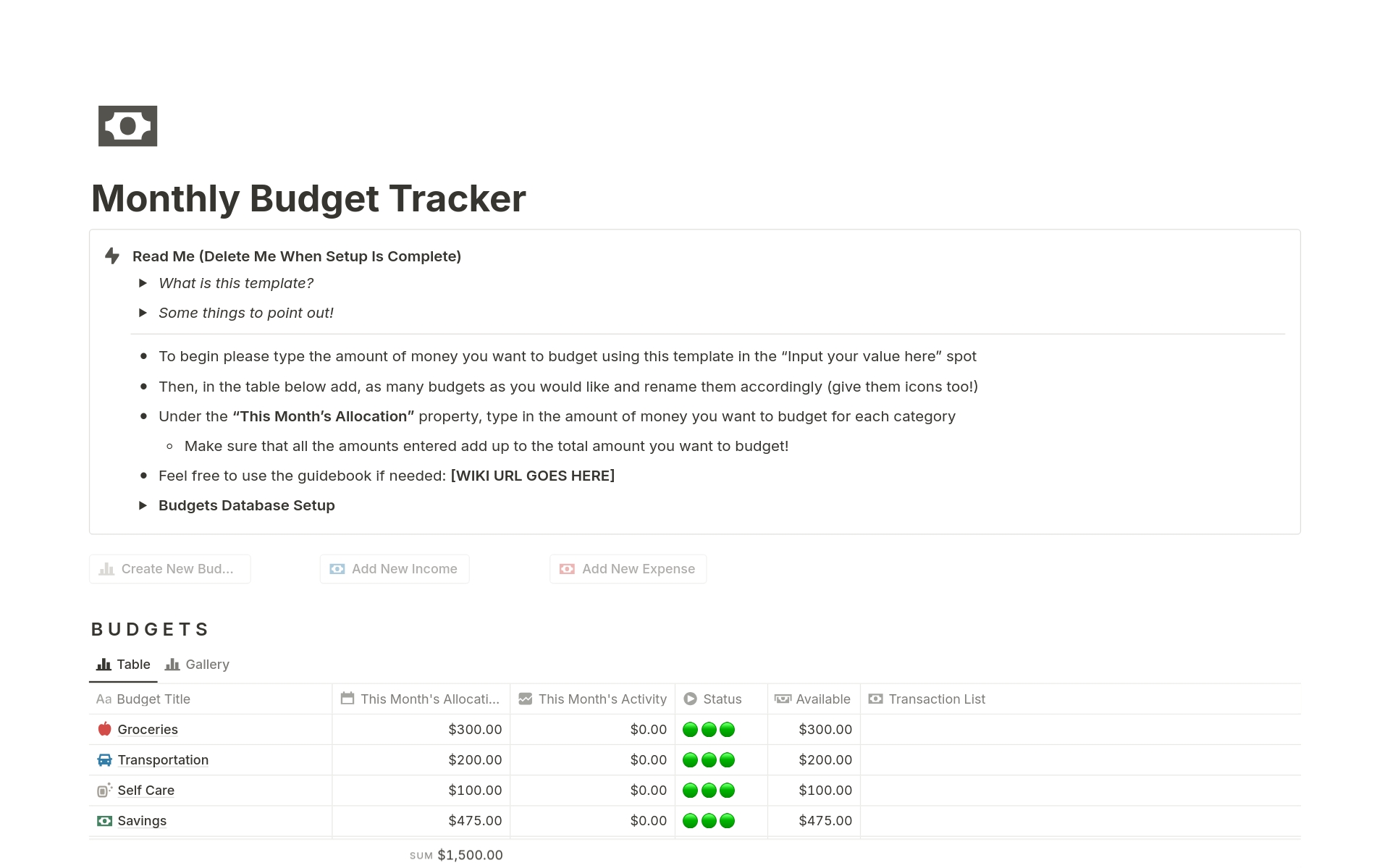 Uma prévia do modelo para Monthly Budget Tracker