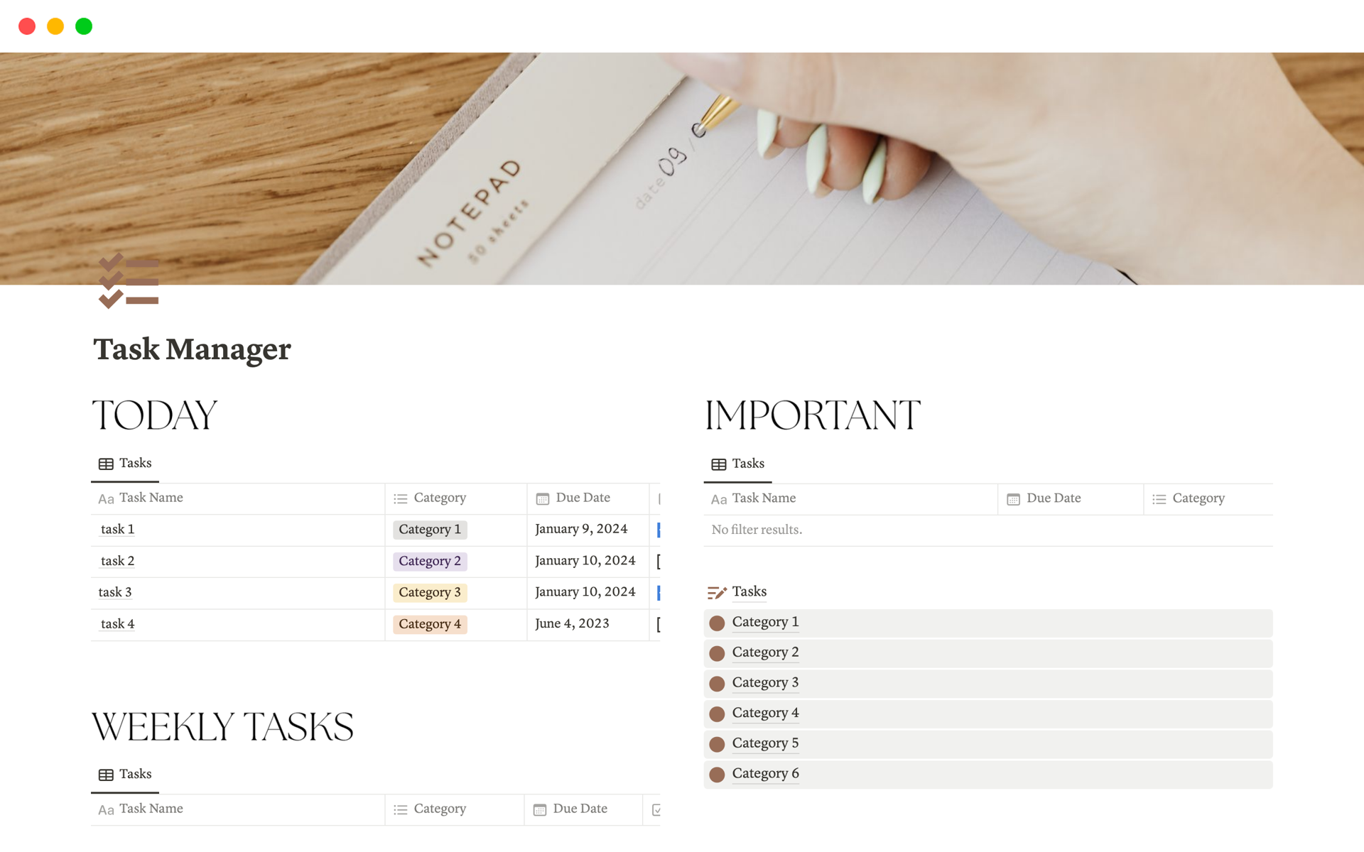 This template offers a visually appealing and functional solution for organizing and managing your tasks efficiently. With a stylish and user-friendly design, this template includes various pages to suit your daily, weekly, and monthly needs.